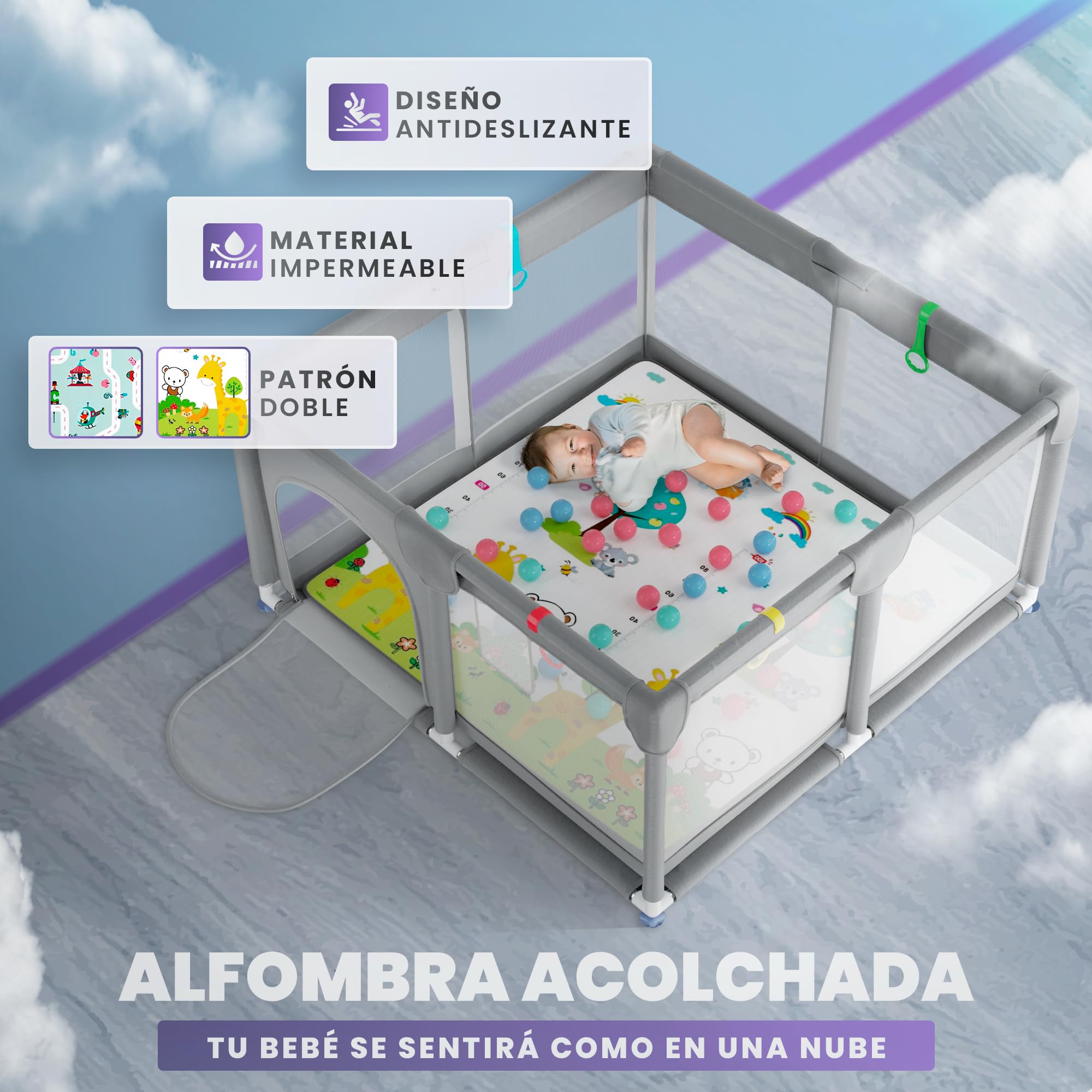 JUPPLIES Parque Infantil Bebe 120x120cm + Alfombra Bebe + 50 Bolas + Agarraderas + Bolsas de Transporte – Corralito Bebe con Malla Transpirable (Gris 120 * 120 completo + agarraderas) — view 4