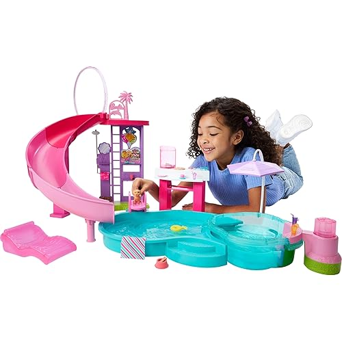 Barbie Dream Pool Playset with 6 Play Areas, Including Slide & Bubbling Hot Tub, Plus 20+ Accessories Like Pet, Floaties & More
