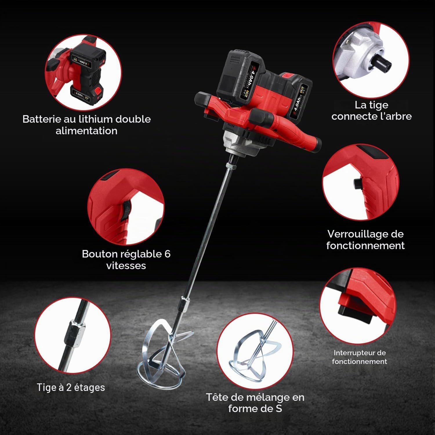 ONEVAN malaxeur mortier sans fil, 40V mélangeur à béton sans balais avec 2 batteries de 4000 mAh, 6 vitesses, emmanchement M14, mélangeur electrique pour peinture, béton, ciment et mortier