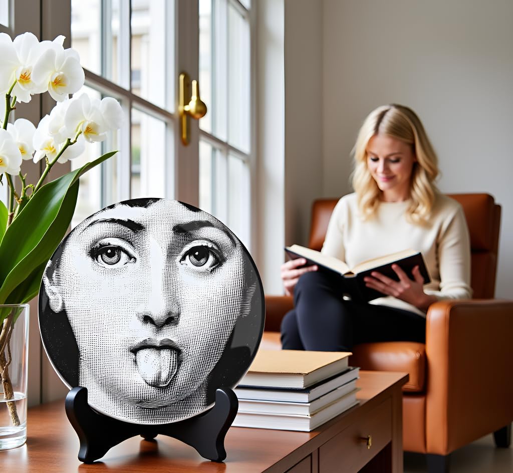 10" Italian-Style Decorative Plate – Modern Art Face Design, Handcrafted Ceramic Platter for Tabletop or Wall Display (Tongue Out)