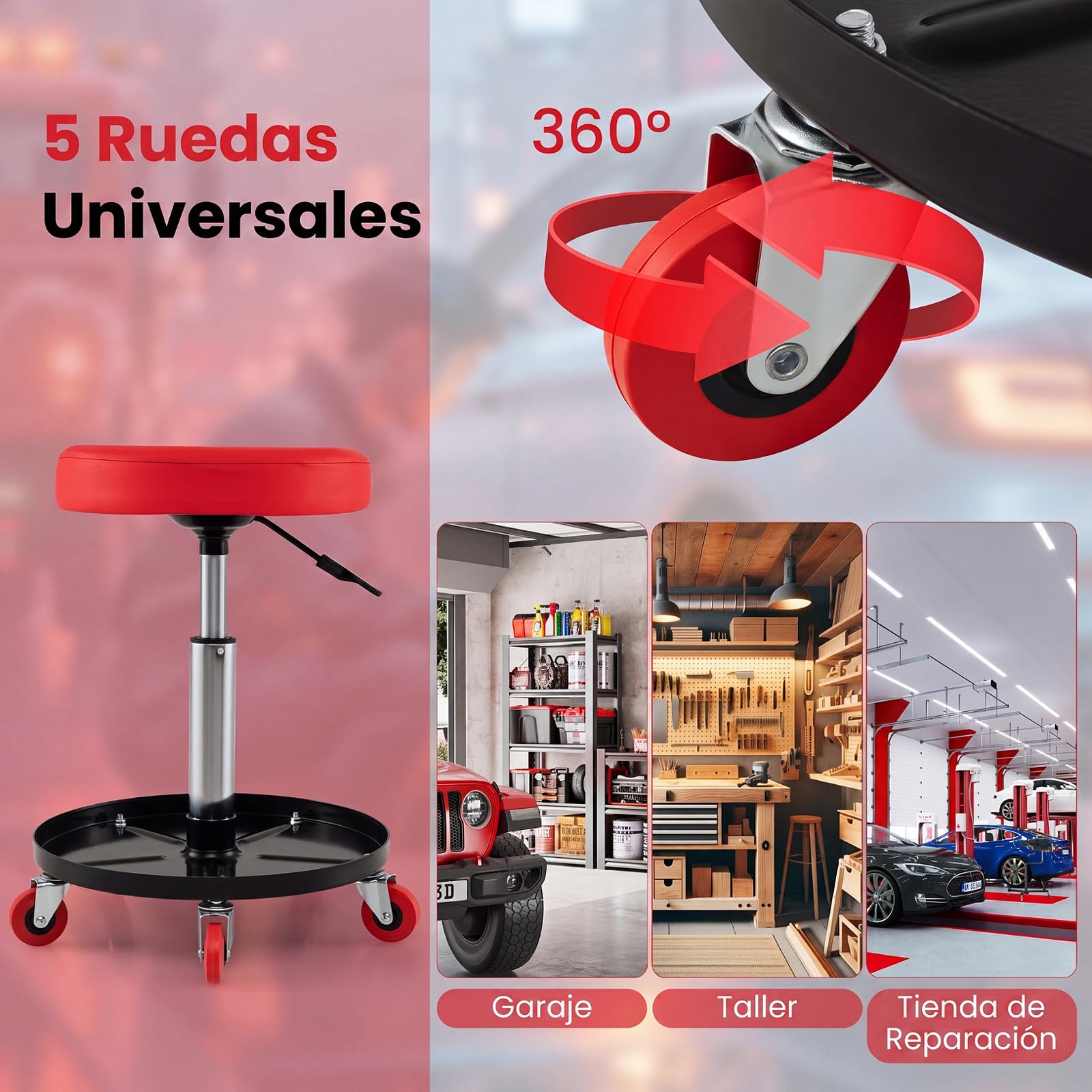 COSTWAY Taburete de Taller con 5 Ruedas, Taburete Mecánico Acolchado | con Altura Ajustable 45,5-60 cm, Bandeja para Herramientas, Asiento Giratorio para Garaje, Reparación de Automóviles