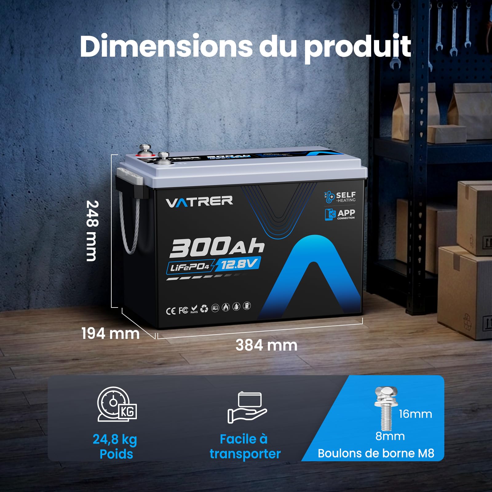 VATRER POWER Batterie LiFePO4 12V 300Ah Chauffante Bluetooth BMS 200A