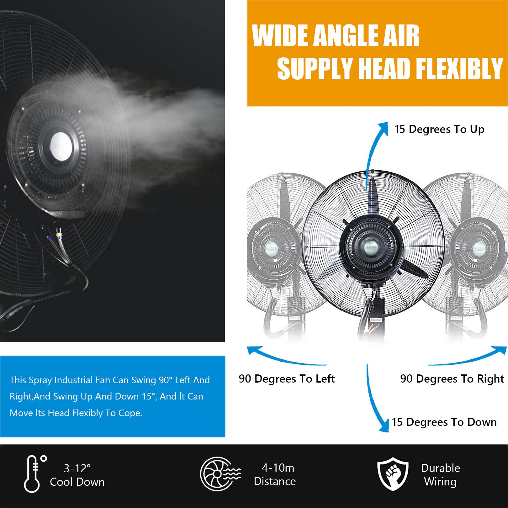 Oscylacyjny wentylator kolumnowy ze zbiornikiem na wodę 42 l, 3 prędkości, do warsztatu na świeżym powietrzu lub na patio, Fan blade750mm