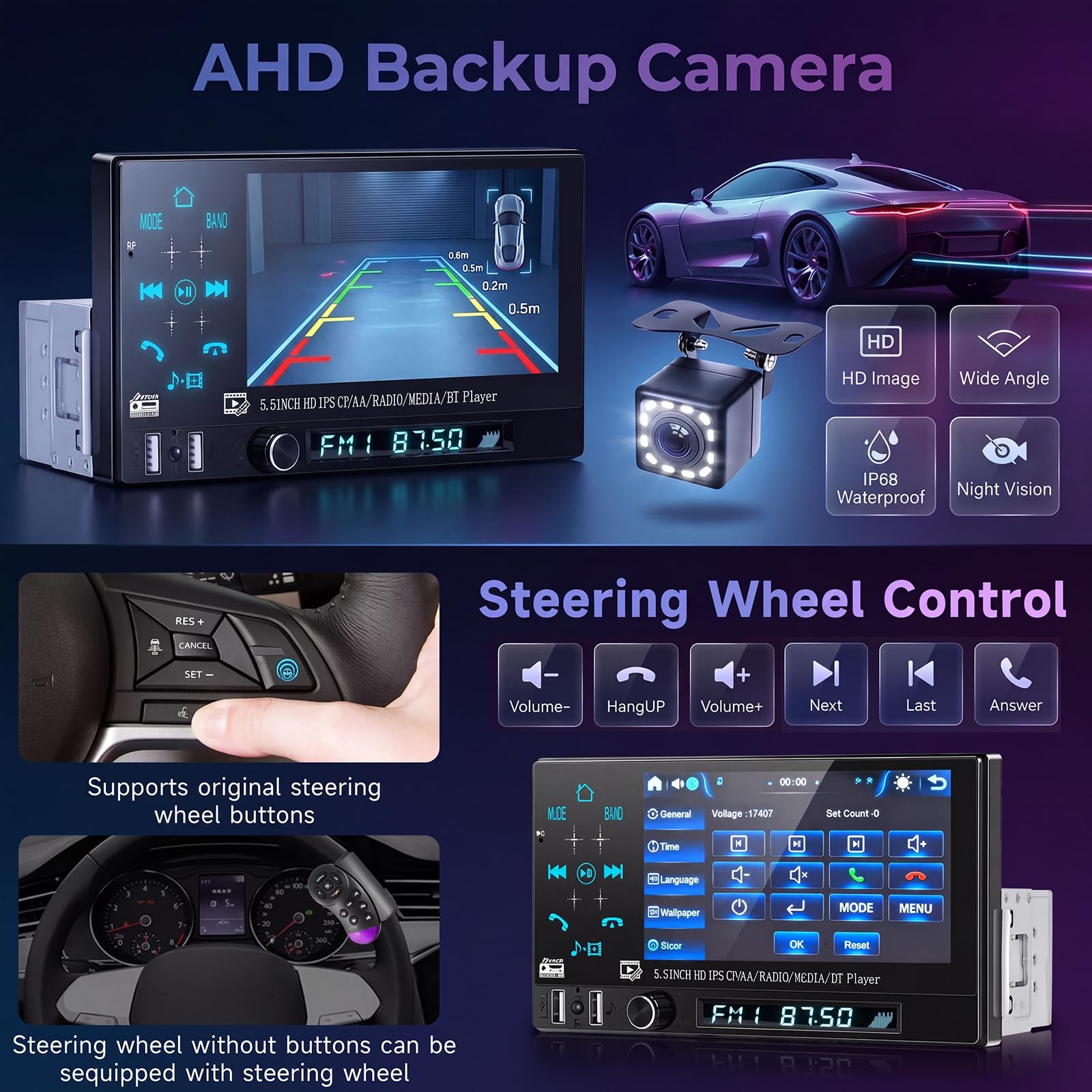 Hodozzy Autoradio 1 Din avec CarPlay Android Auto Sans Fil, Ecran Tactile IPS 5,5 Pouces Poste Radio Voiture avec Bluetooth, Radio FM, EQ, Lien Miroir, SWC, 2 USB, Rétroéclairage Coloré+ Caméra et MIC