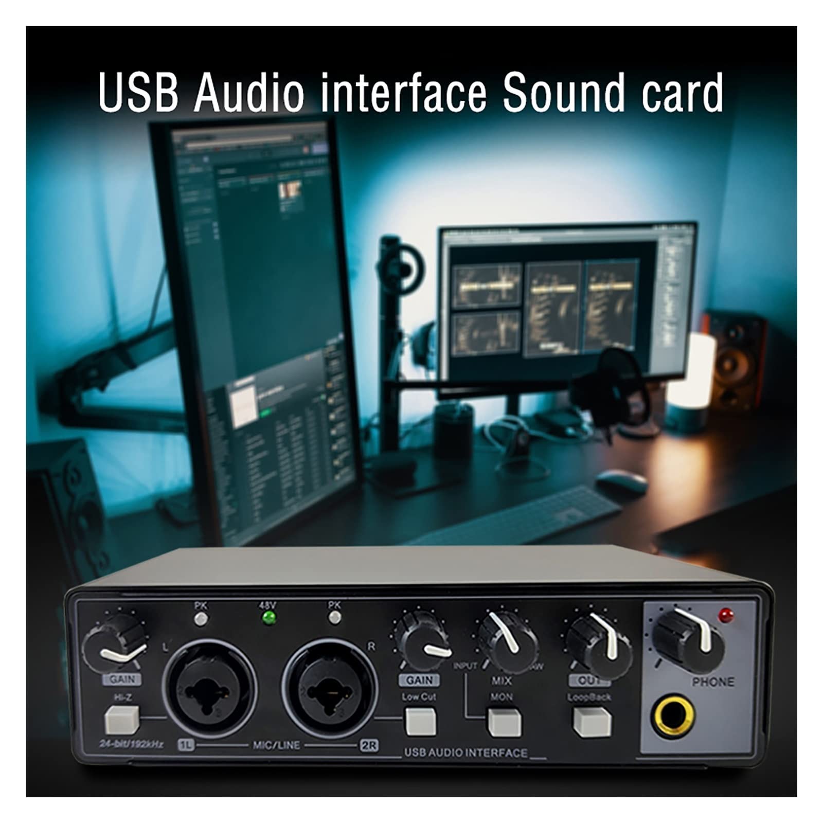 Mikser audio, Karta dźwiękowa do nagrań Sprzęt dźwiękowy do studia Interfejs USB do nagrywania z monitorowaniem sprzężenia zwrotnego 48V do gitar, basu, klawiatur(Nero)