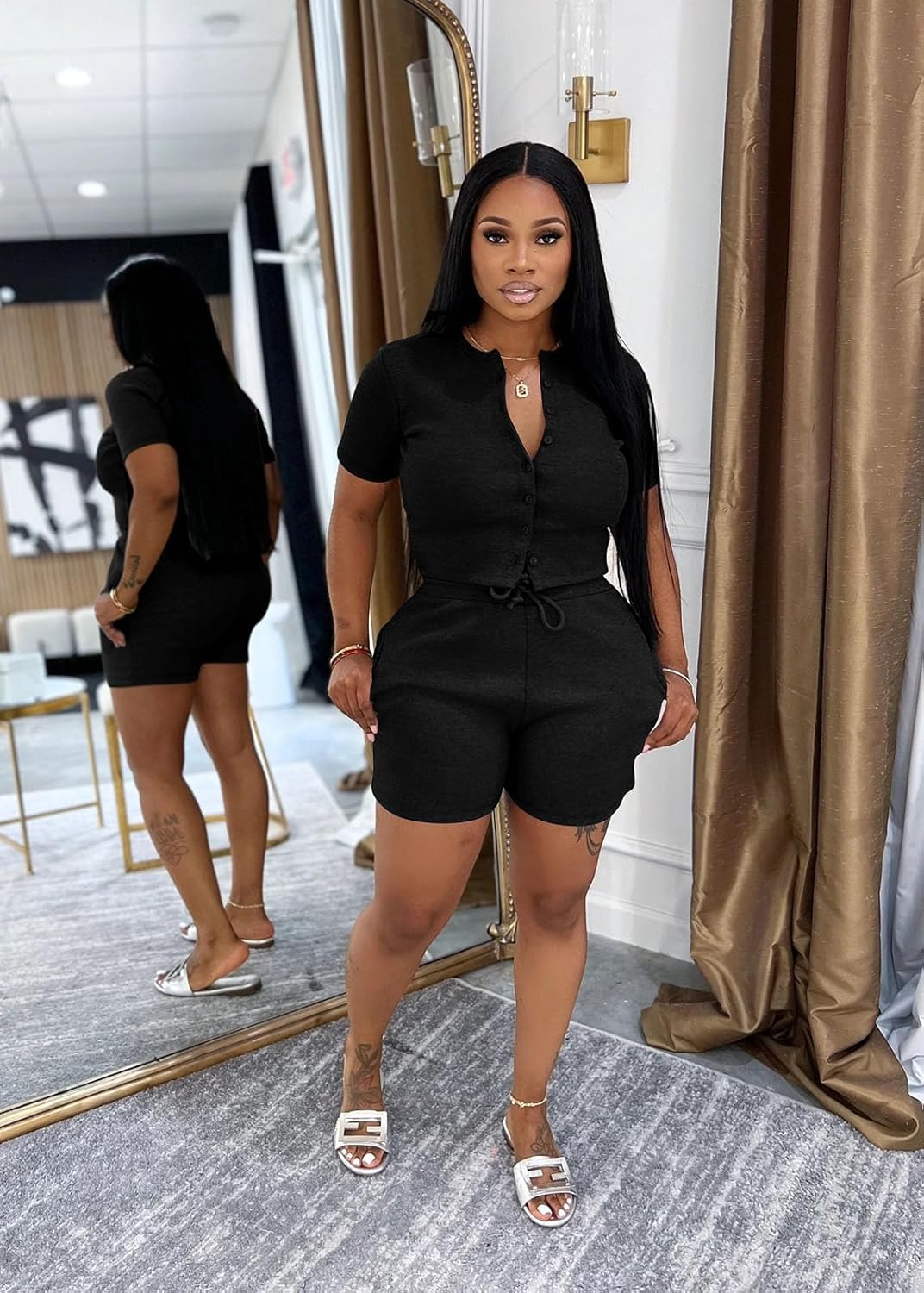 Vssjavun Women's 2 Piece Outfits Ribbed Knit Button Down Short Sleeve Top Bodycon Short Sets Matching Sets Loungewear - Image 4