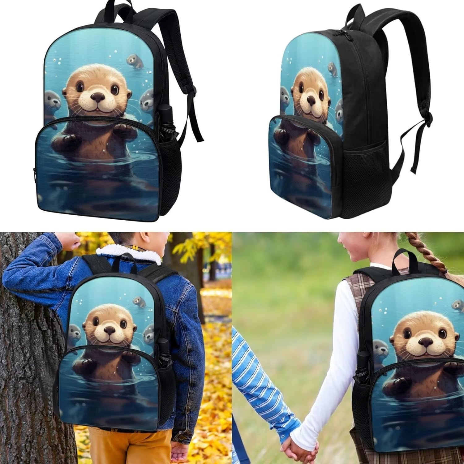 TOADDITDO Otter Toddler Backpack Lunchbox Set with Pencil Case Water Bottle Sleeve 6-8 Kids Large Schoolbag Kindergarten Cute Book Bags Boys Girls Hiking Camping School Bag Casual Daypacks