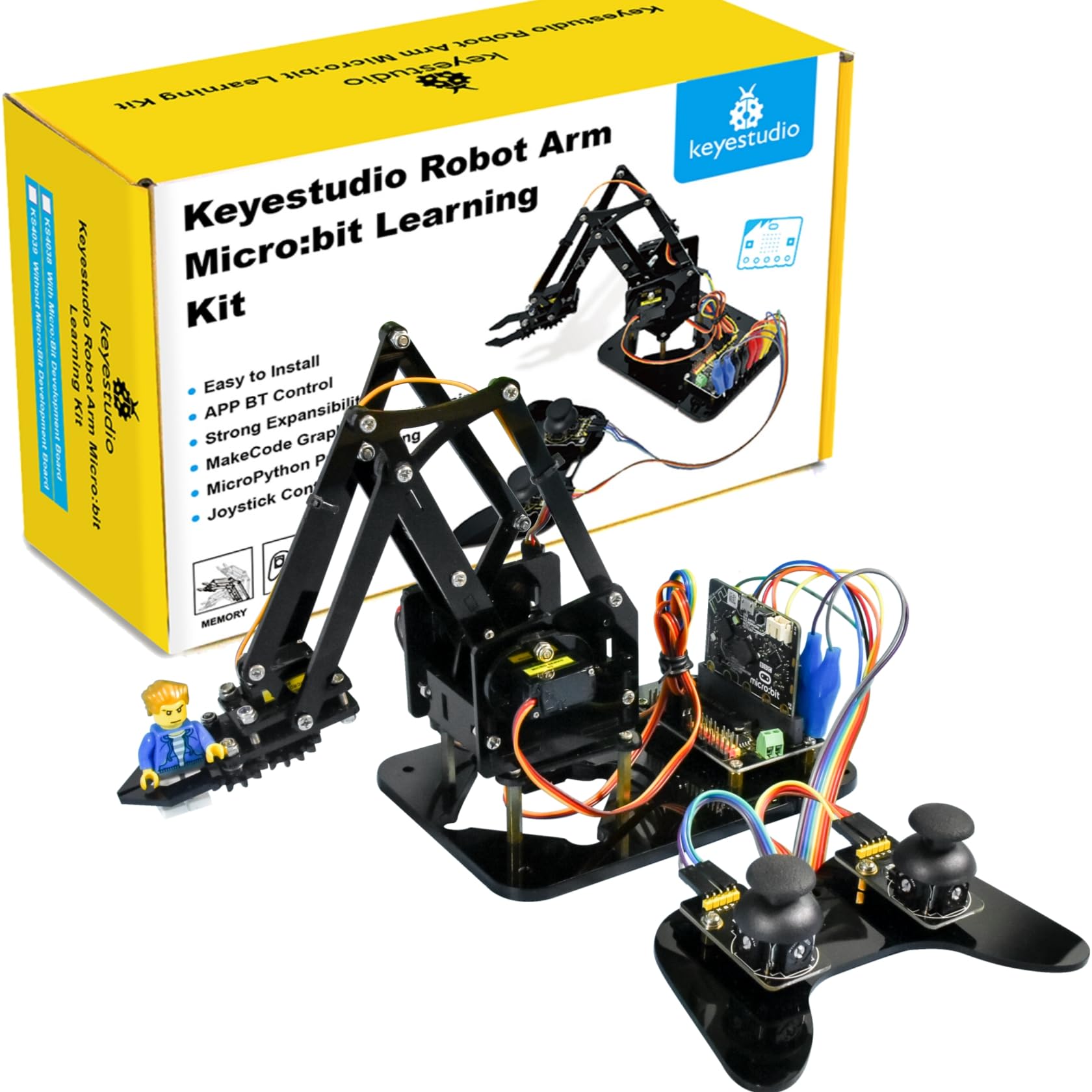 KEYESTUDIO BBC Micro:bit 4-DOF Robot Arm Kit (Include Microbit V2), STEM Education Kit with MakeCode/Python Coding for Programming Learning of Teenagers