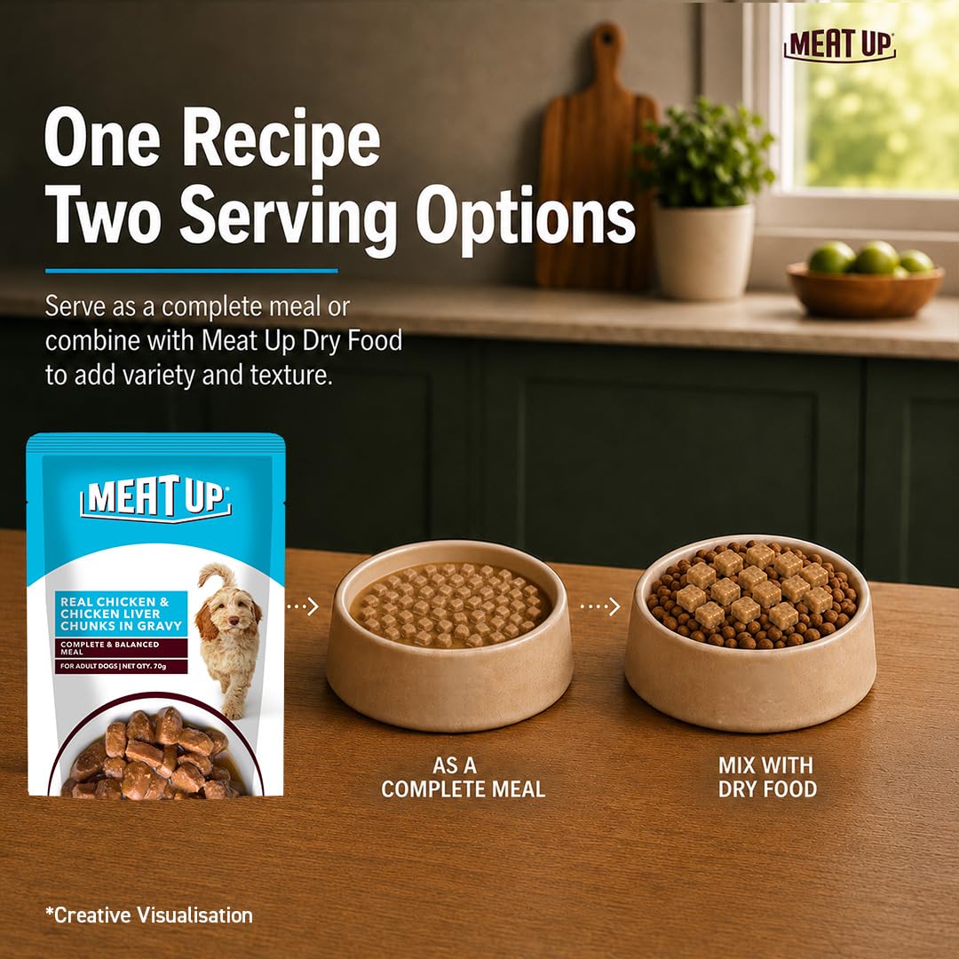 Meat Up Adult Wet Dog Food, 16 Pouches × 70g, Total 1.12kg | Real Chicken in Gravy | Healthy Digestion | Promotes Health & Vitality | Complete and Balanced Meal 4