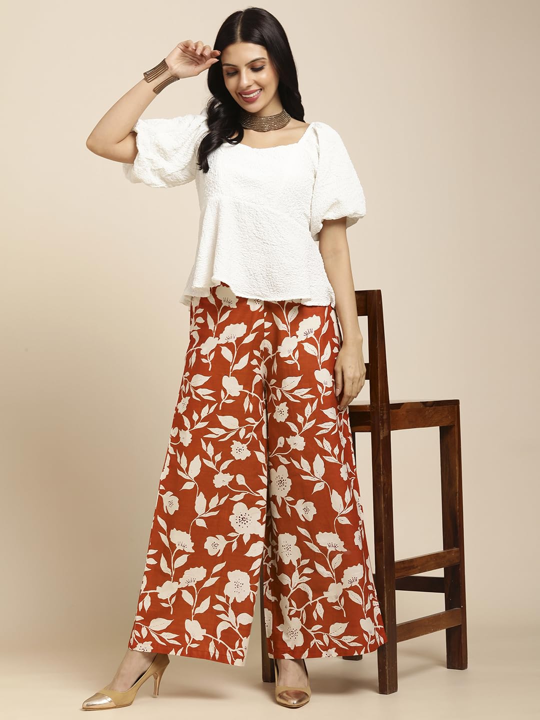 RATAN Women's Cotton Mid Rise Printed Loose Fit Flared Wide Leg Palazzo Pants (CFP-Rust-Large) - Image 2 thumbnail