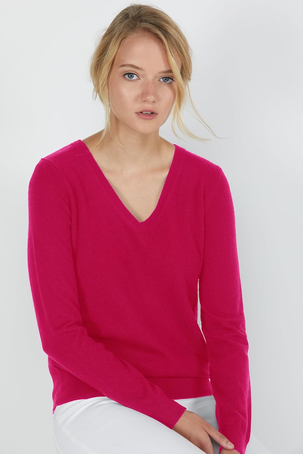 JENNIE LIU Women's 100% Pure Cashmere Long Sleeve Pullover V Neck Sweater - Image 3