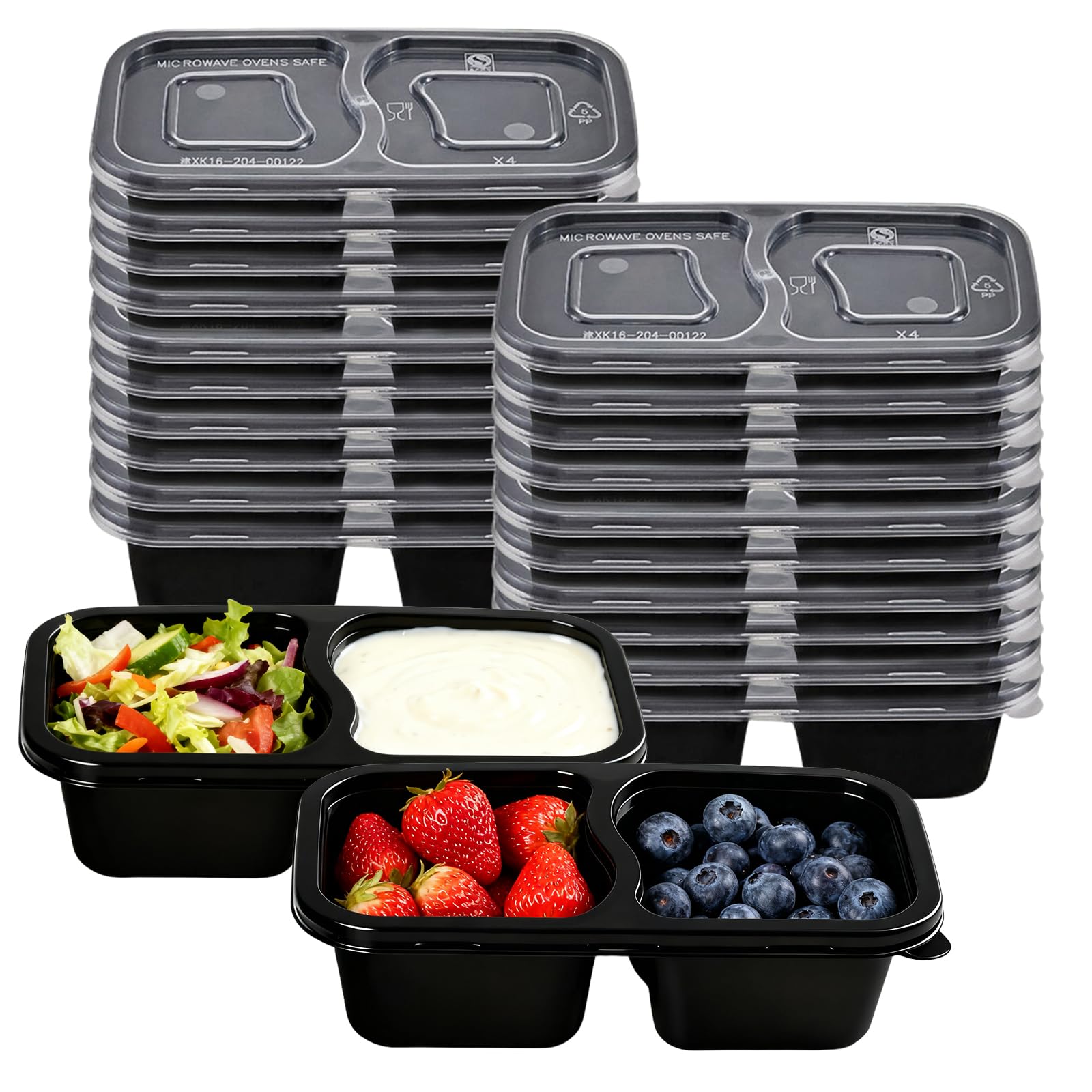 ZenQeek Reusable Snack Containers with Lids - 20PCS Double Compartment Condiment Containers for Snack Prep, Portion Control, Lunches Picnics Parties, Microwave & Dishwasher Safe 6.76oz (BLACK)