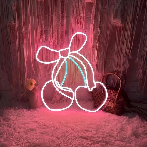 Pink Cherry Bow LED Neon Sign, Girly Heart Coquette Cherry Trendy Wall Art Neon Light Girl's Bedroom Home Dorm Salon Wall Decor for Kids Room,Restaurant,Bar,Fruit Shop,Home, Wedding Supplies-15.75"x13.78" - Cherry Bow