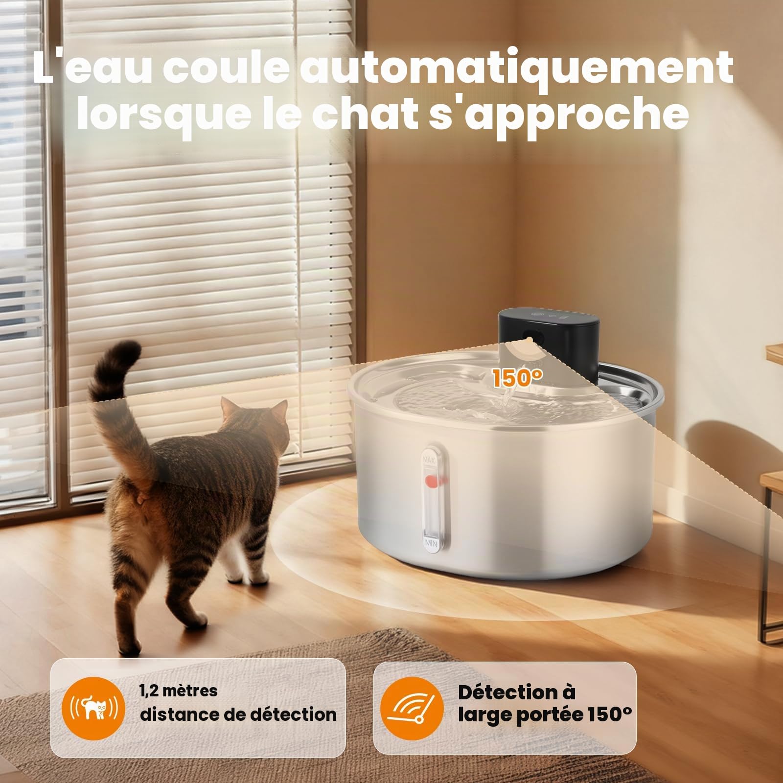 3.2L Fontaine a Eau Chat sans Fil INOX, Fontaine a Eau Chat Detecteur de Mouvement, Batterie 5000mAh, Silencieux, Équipé d'une Fonction Anti-Séchage, pour Chats et Petits Chiens
