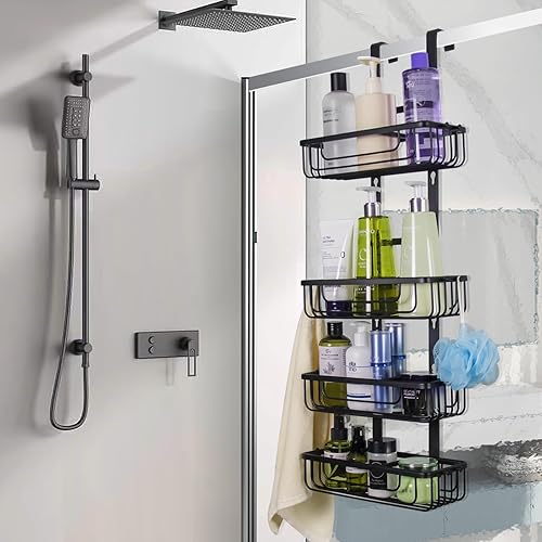 Miniatura 6 de Duwee Organizador de ducha de aluminio sobre la puerta de 4 niveles, estante de ducha ajustable para colgar con gancho, cesta de almacenamiento de
