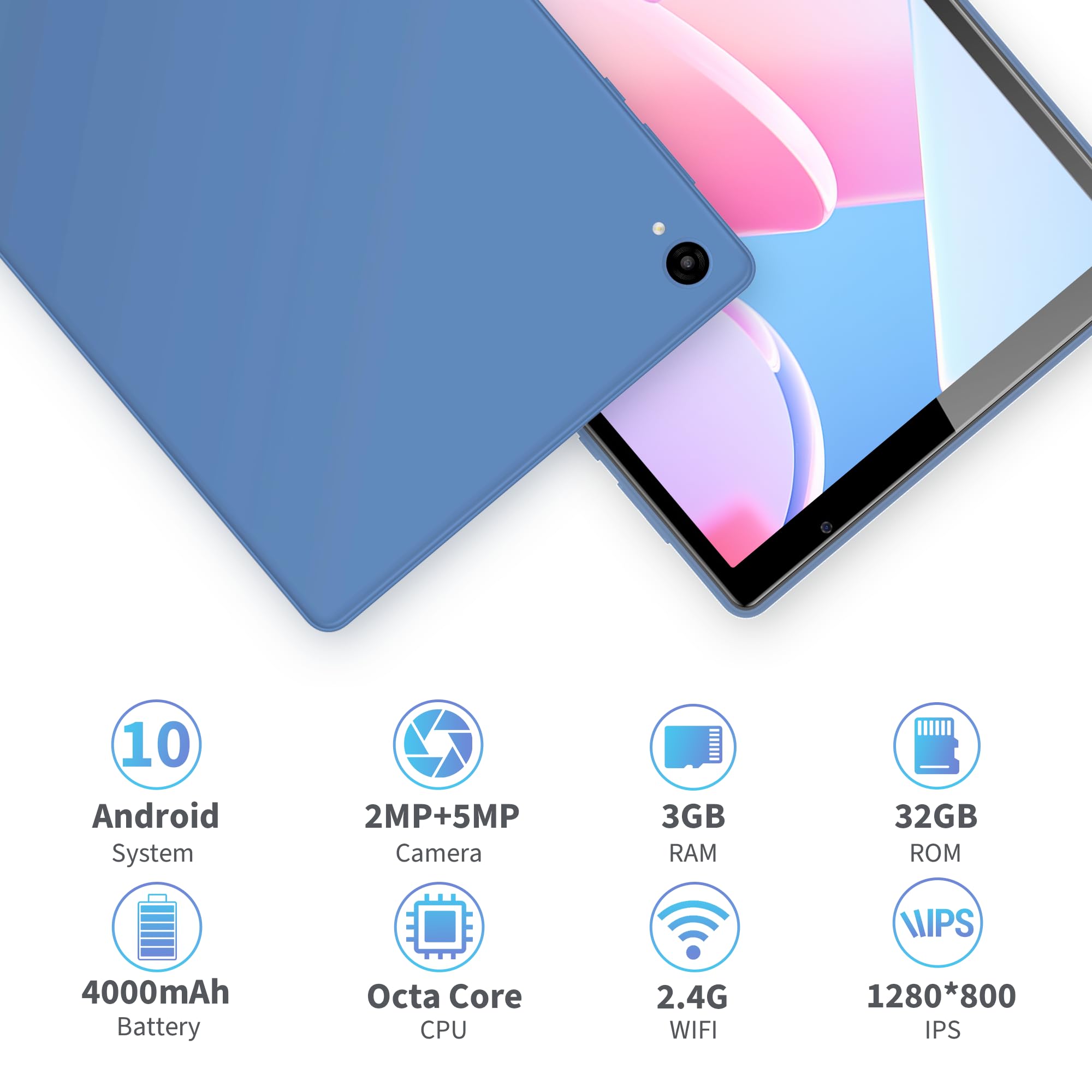 Veidoo Tablet Android, tablet da 10,1 pollici con 3 GB di RAM + 32 GB di ROM, processore Octa-Core, WiFi, BT 4.0, touchscreen HD IPS, doppia fotocamera, lunga durata della batteria (blu gioiello)