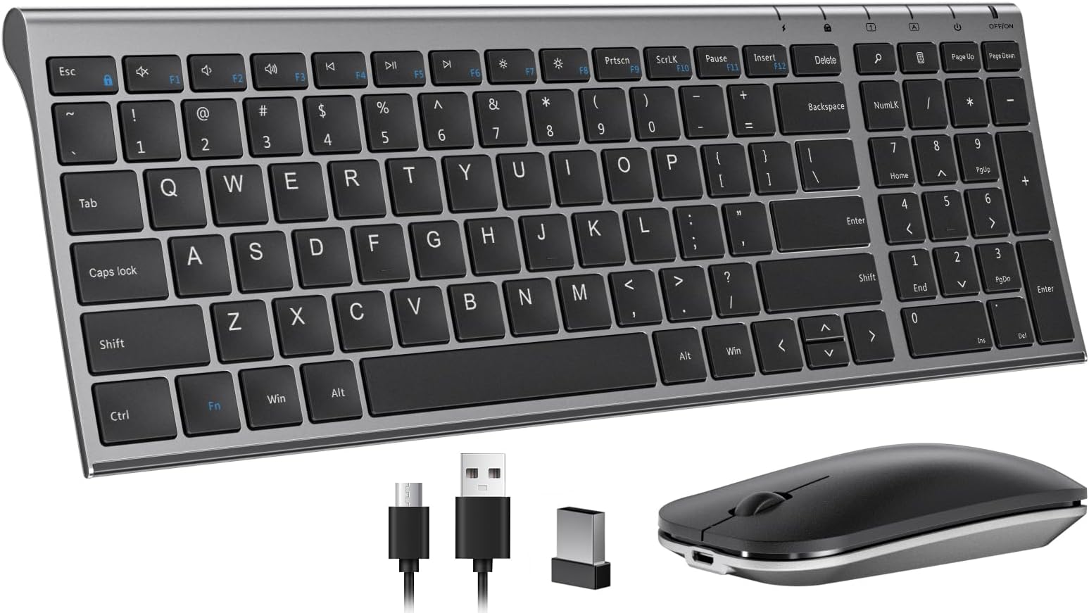 seenda Rechargeable Wireless Keyboard Mouse, Ultra Thin Low Profile Wireless Keyboard and Mouse with Number Pad, Quiet Portable Combo Compatible for Windows XP/7/8/10/11/11 Pro, Black and Grey