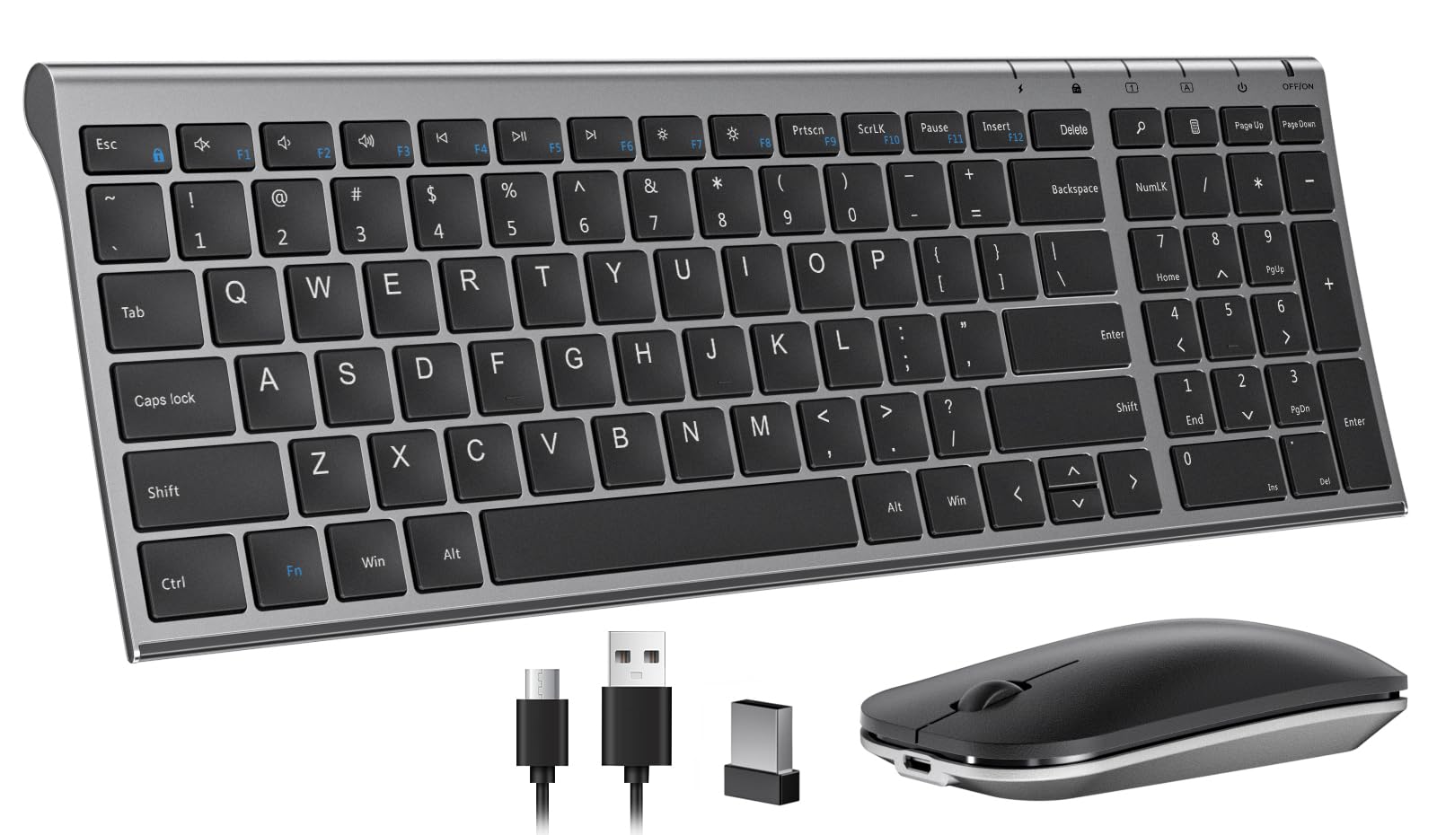Seenda Wireless Keyboard and Mouse Combo, Slim Rechargeable Full Size Wireless Keyboard Mouse with Long Battery Life Silent Mouse Clicking, Compatible with Windows-Silver and Black