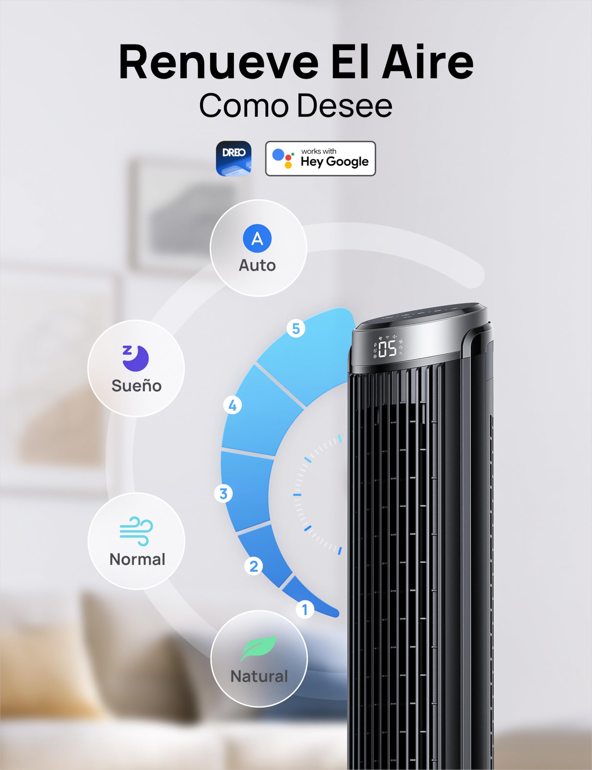 Dreo Smart Ventilador de Torre Silencioso, Oscilación de 90°, Ventilador de Pie para Dormitorio, 7.9 m/s, 5 Velocidades, 4 Modos, Táctil/Mando/App & Control por Voz, Alexa, Temporizador 12H, Plateado