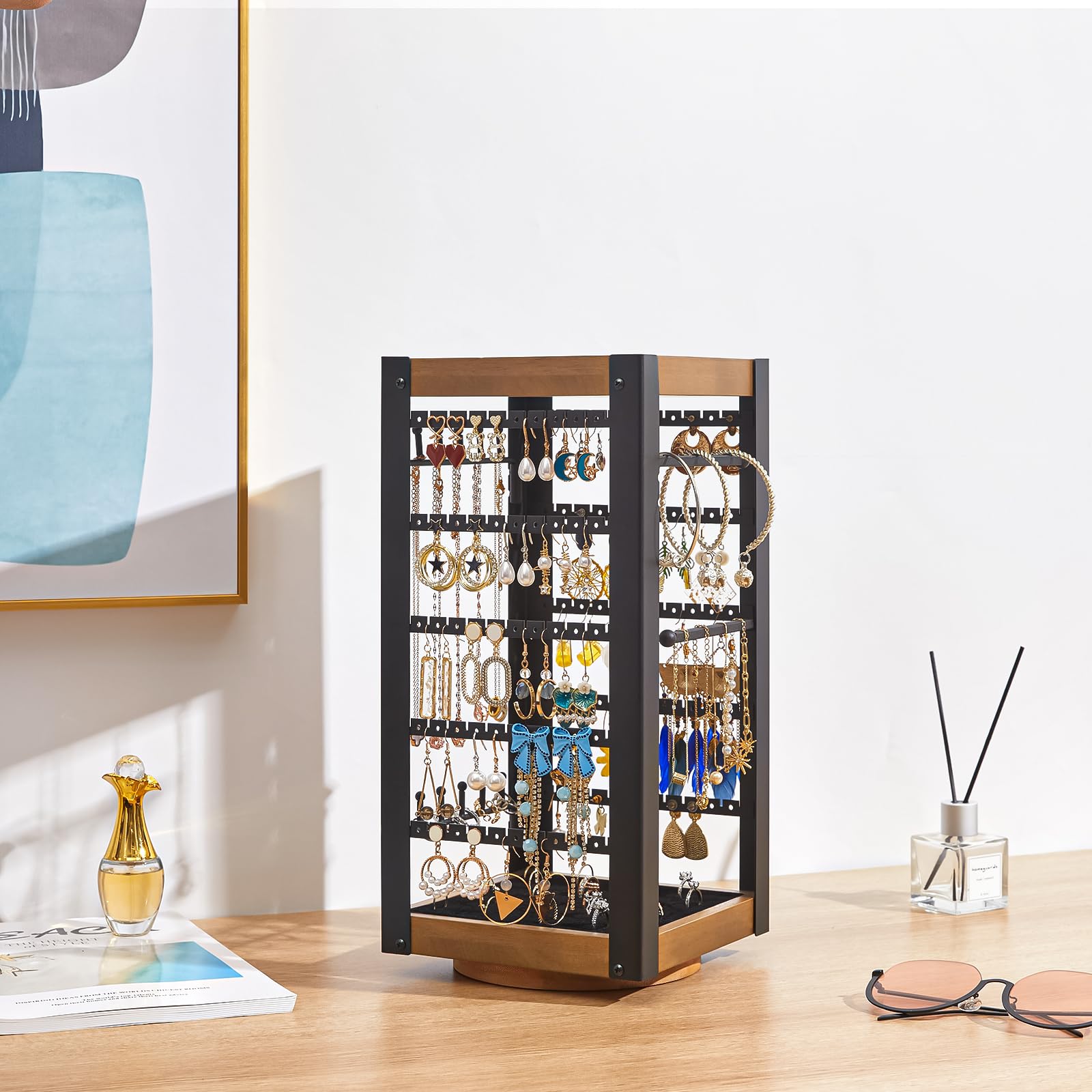 keomaisyto Rotating Earring Holder, Jewelry Holder Organizer with Ring Tray/Necklace/Bracelet Hooks, 360Â°Earring Organizer with Stable Bamboo Base for Jewelry Display, Easy Assembly