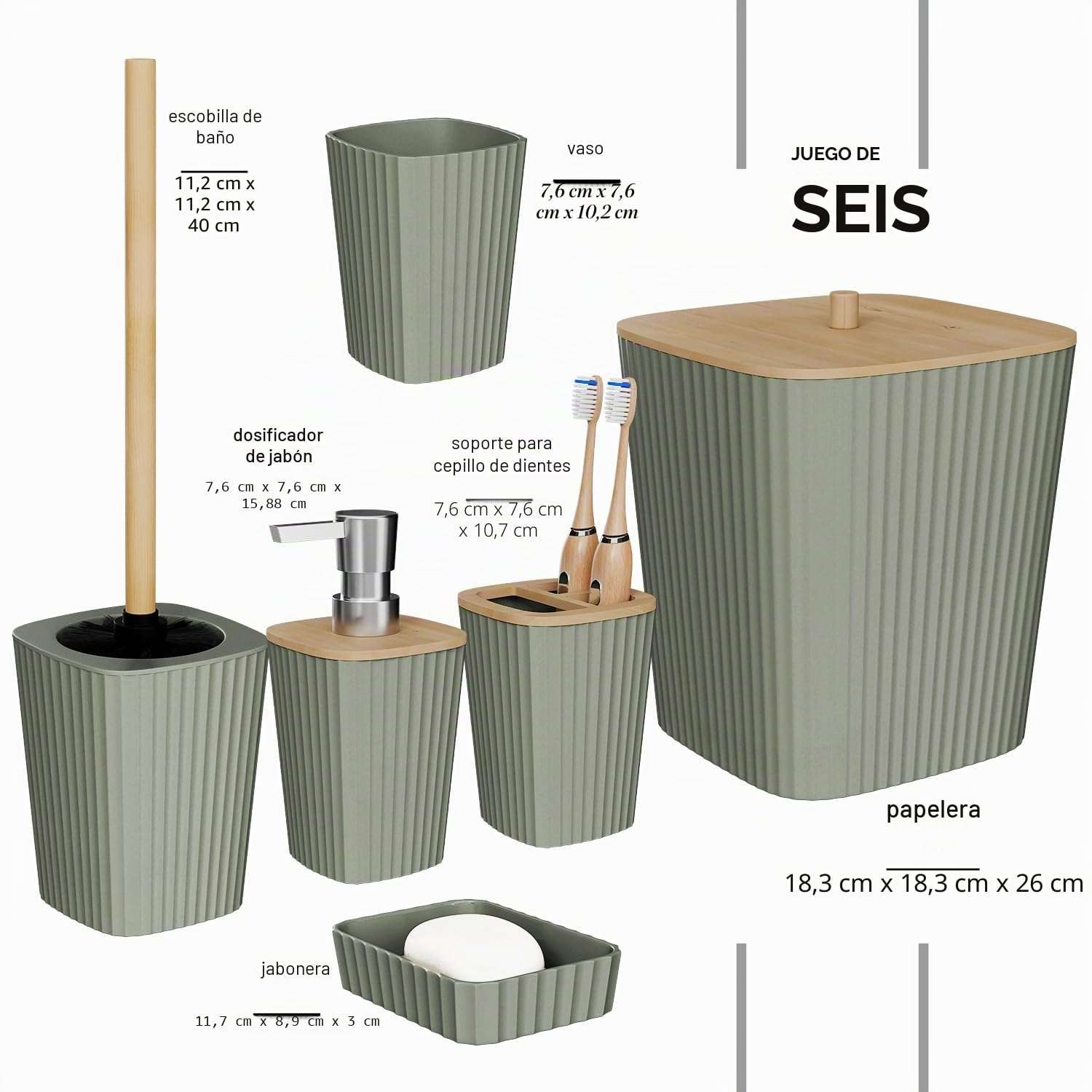 Clara Clark Juego de Accesorios de baño Verde Salvia, Juego de Accesorios de baño de 6 Piezas, Juegos de baño con Cepillo de Inodoro, Cubo de Basura y dispensador de jabón