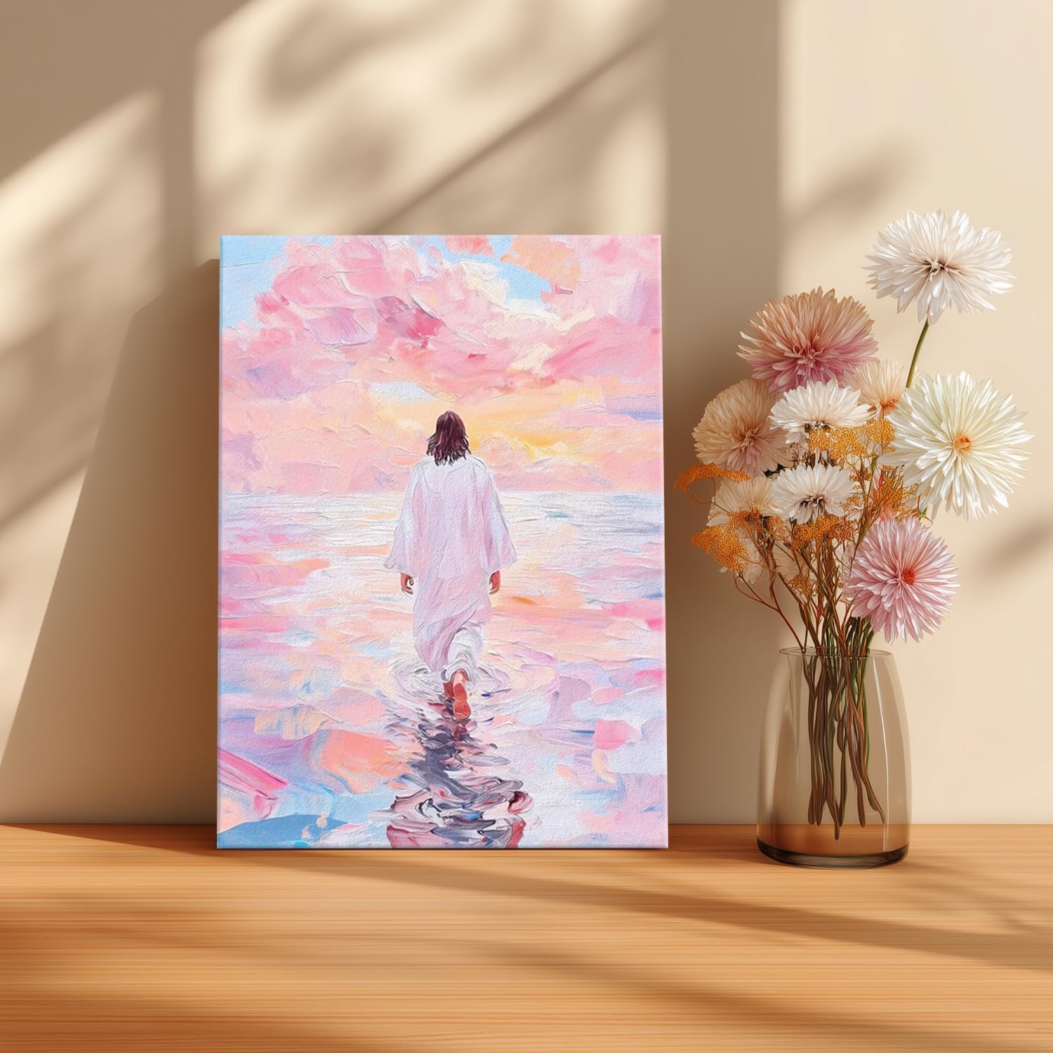 Pink Jesus Walking On Water Wall Art Religious Christian Oil Painting Canvas Wall Decor Religious Savior Poster Aesthetic Pictures for Living Prayer Room Church Bedroom 16x24 in Framed