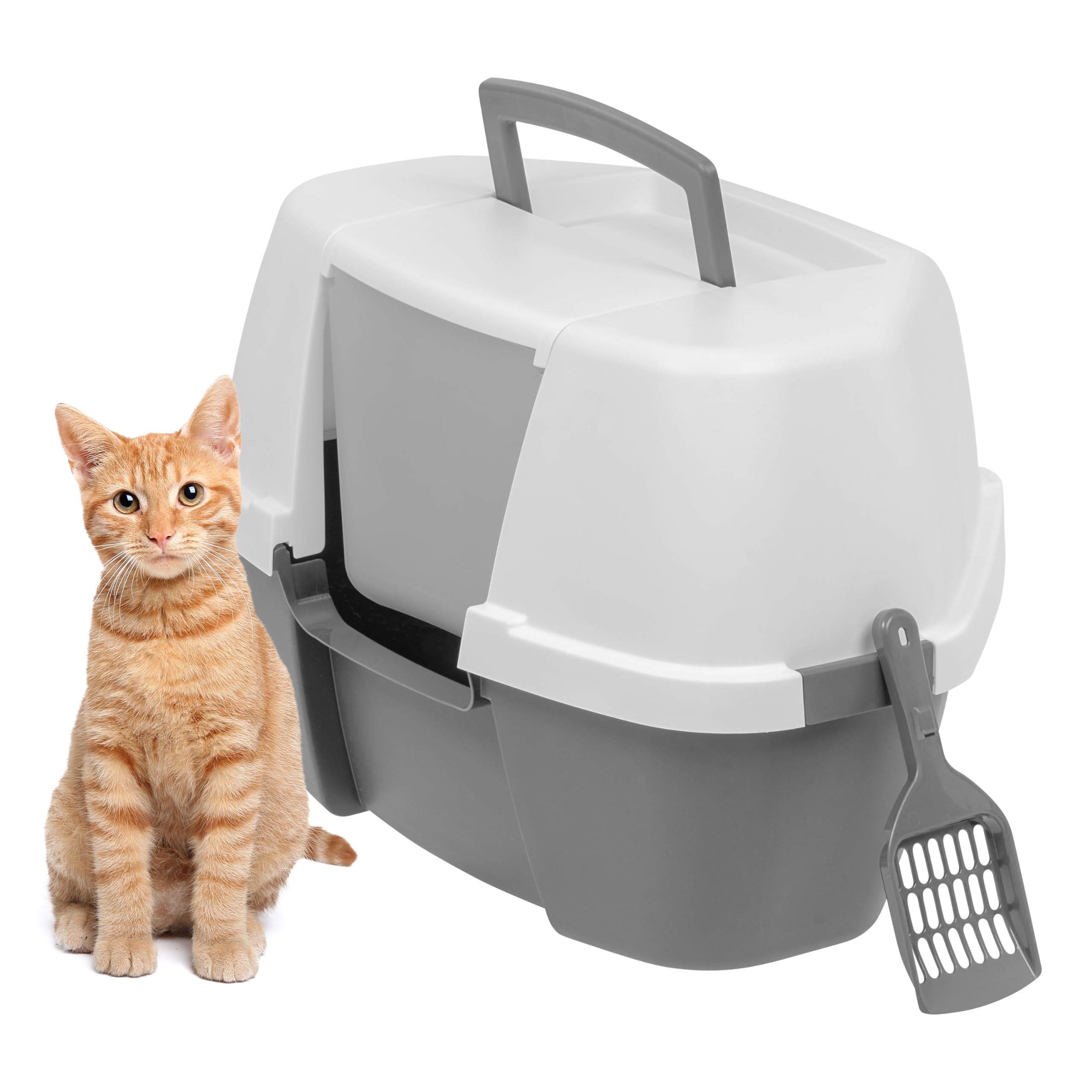 IRIS USA Corner Cat Litter Box Enclosure with Scoop, Small Cat Litter Box with Lid, Corner Litter Box Enclosure for Kittens to Medium Sized Cats, Odor Defensive Hooded Litter Tray, Dark Gray