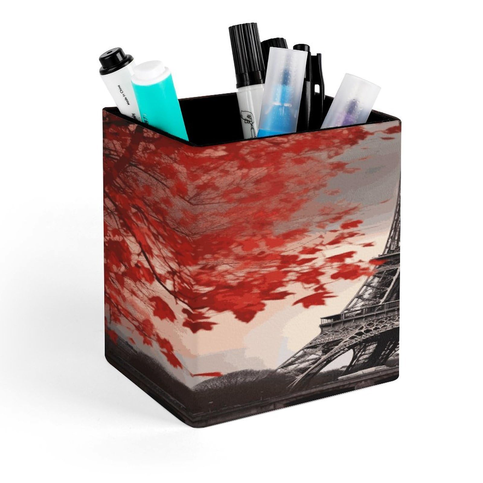 FekiLoot Eiffel Tower Autumn Leaves Pen Holder Personalized Desktop Pencil Holders Case Office Accessories Container Box for Square Pen Cup Desktop Organizer Makeup Brush Holder Caddy Storage
