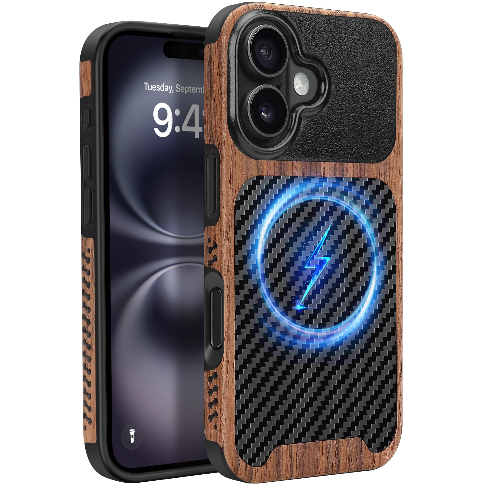 Cover Magnetica per iPhone 16 Compatibile con Magnetica, Custodia in Legno con Carbonio e Pelle Design Protezione Antiurto Cover Compatibile con iPhone 16 (Nero)