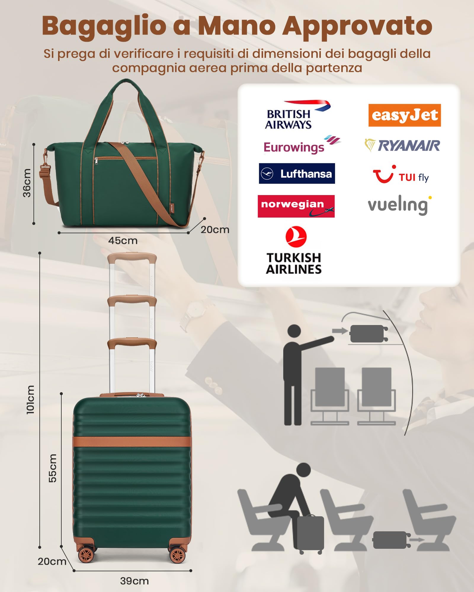 KONO Set da Viaggio 3 Pezzi, Trolley 55 cm e 2 Borse, Verde/Marrone | Valigia Bagaglio a Mano in ABS+PC, Borsa da Viaggio da 32 L, Borsa Organizer, Ruote a 360° e TSA