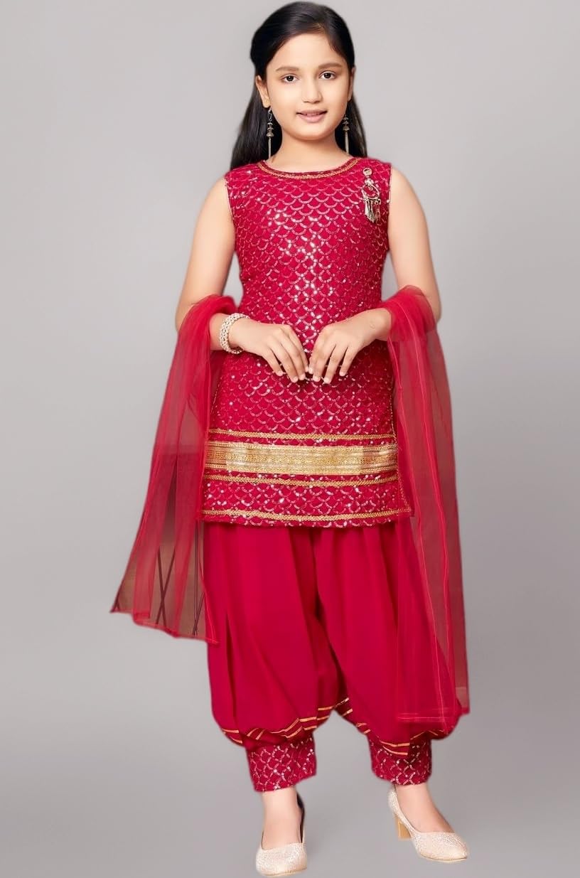 Aarika Girls Ethnic Wear Navy Blue Colour Sequin Embroidery/Lace Work Georgette Kurti Patiala Set With Dupatta