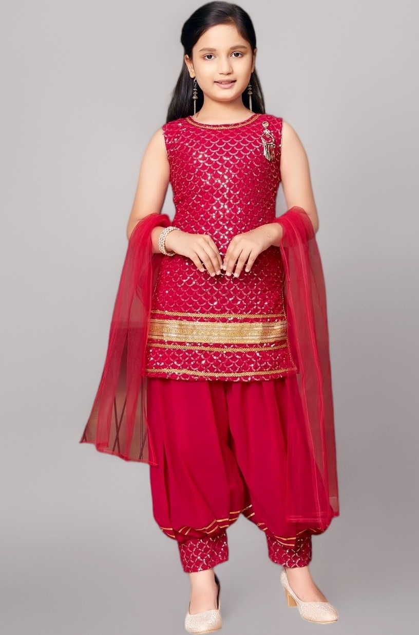 Aarika Girls Ethnic Wear Black Colour Sequin Embroidery/Lace Work Georgette Kurti Patiala Set With Dupatta