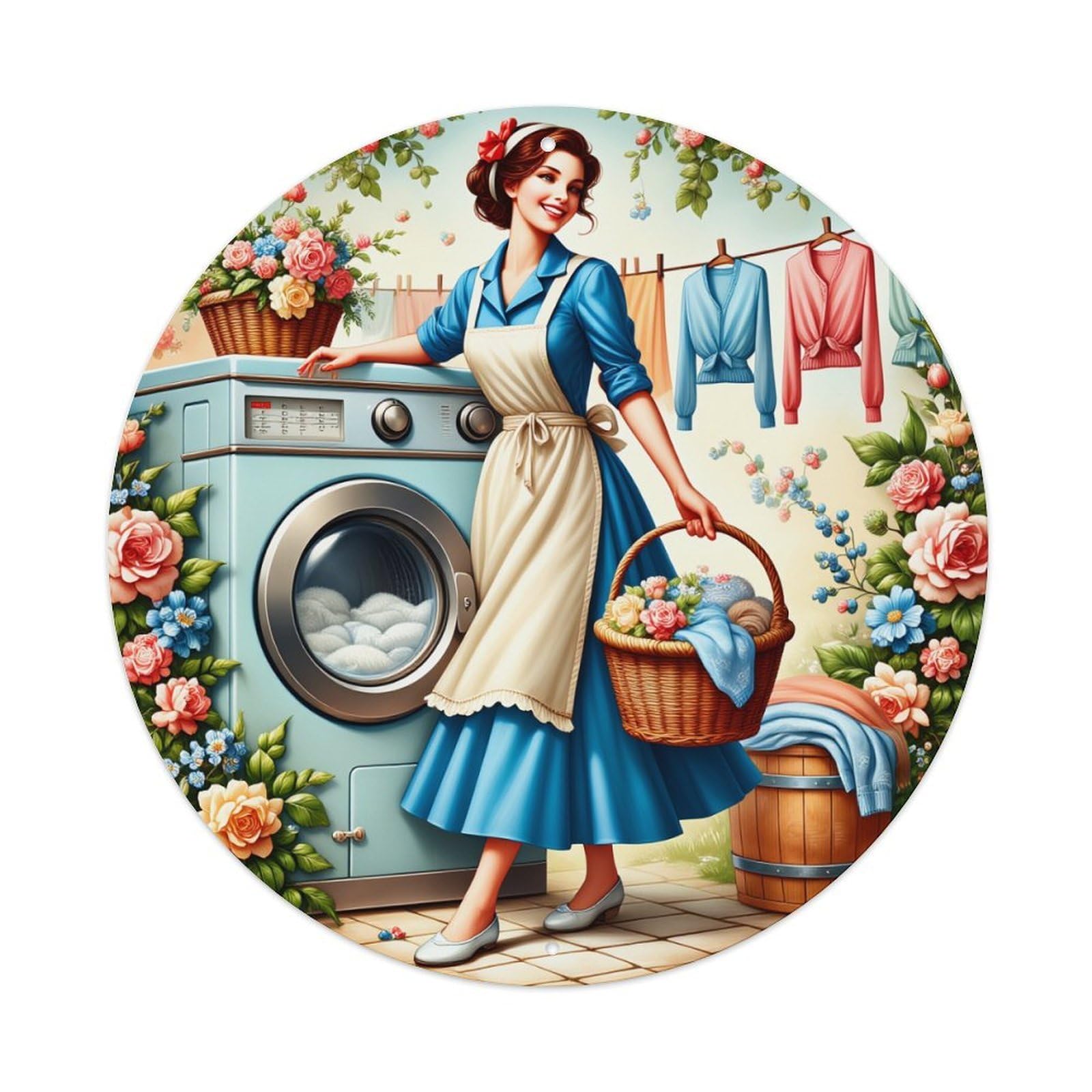 Floral Laundry Basket Apron Vintage Round Tin Sign Vintage Metal Poster, Home Bar Garage Man Cave Cafe Indoor & Outdoor Wall Decoration 8x8Inches
