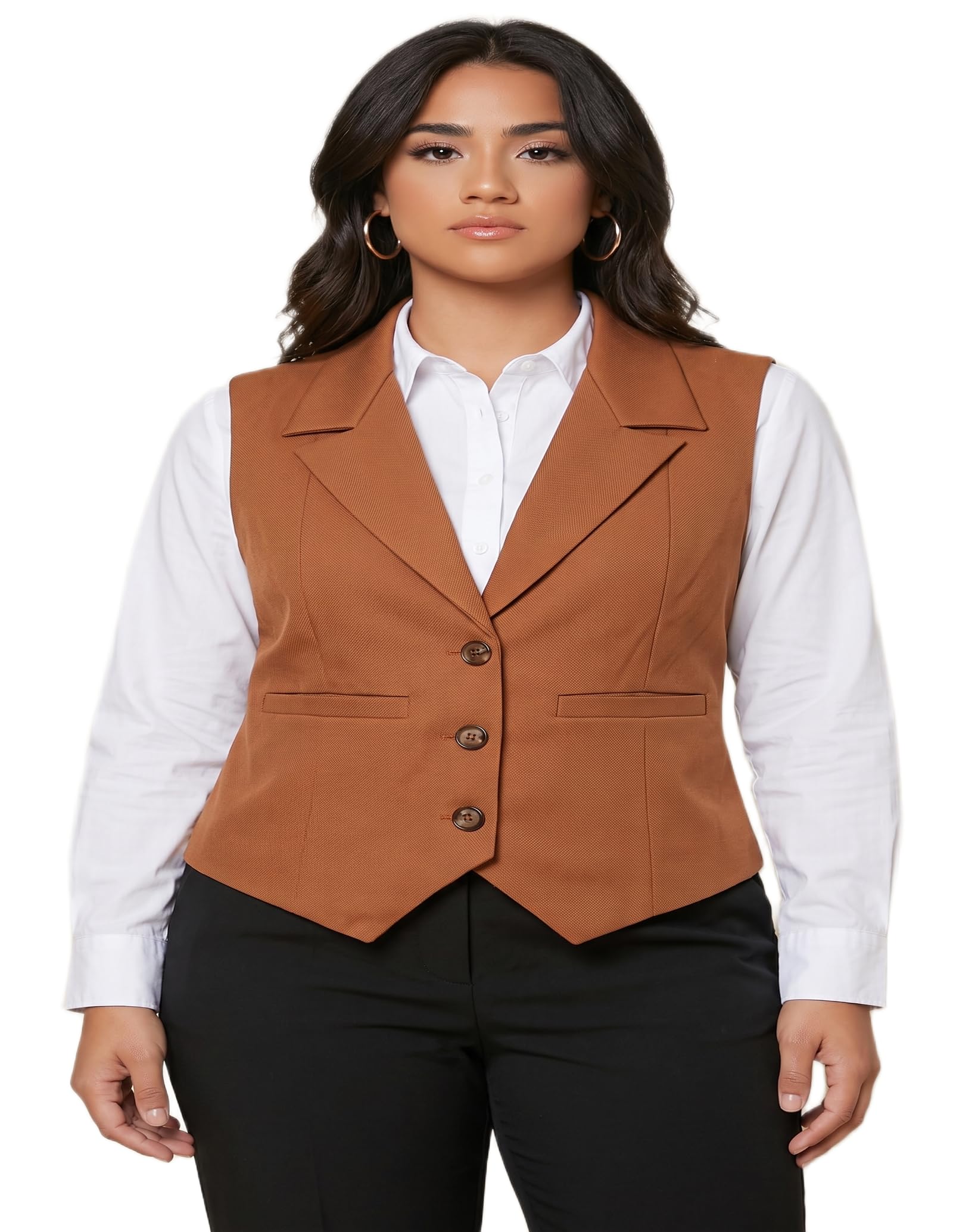 Women's Rust Sleeveless Waistcoat Button Front Office Wear Formal Vest-image-30