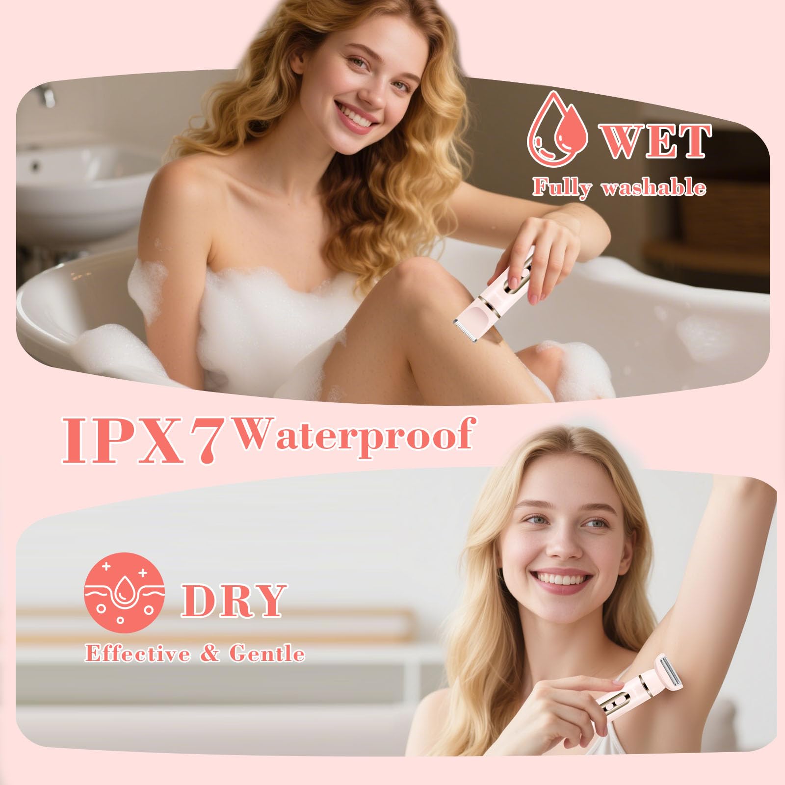 Maquinilla de afeitar eléctrica 4 en 1 para mujer, IPX7, impermeable, para piernas, brazos, facial y axilas, inalámbrica (rosa)
