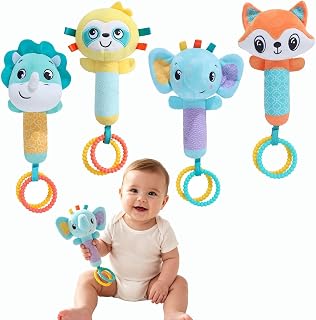 4 PCS Soft Sensory Baby Rattle Teether Toy, Multi-Texture Crinkle & Squeaky Handbell for Infants 0–12 Months, Colorful Interactive Learning Toy for Travel, Feeding & Bedtime Comfort