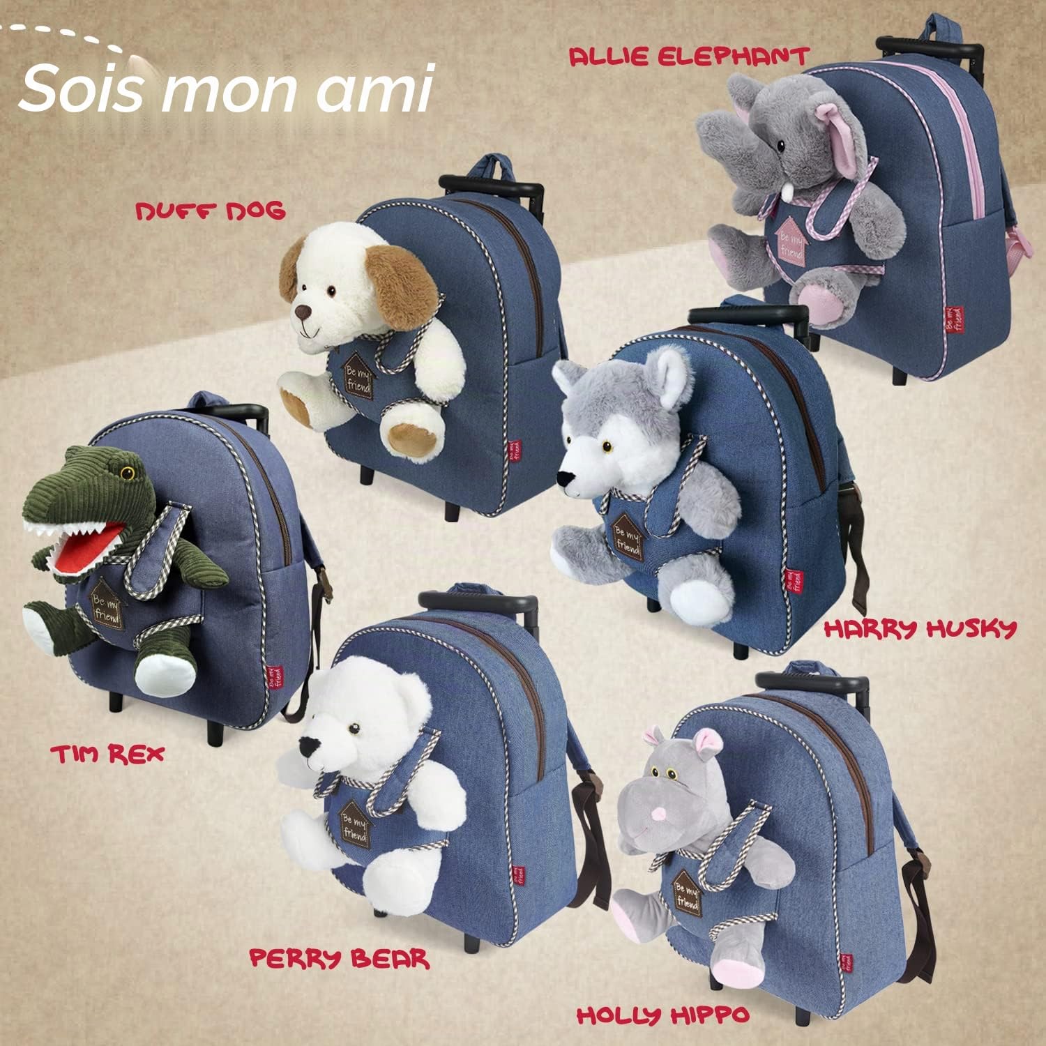 PERLETTI Sac à Roulette Scolaire Maternelle et Peluche Douce pour Enfant 3 4 5 Ans - Mini Sac à Dos avec Roues et Animal Doudou Amovible pour Fille Garçon - Sacoche Garderie avec Jouet - 29x32x11 cm