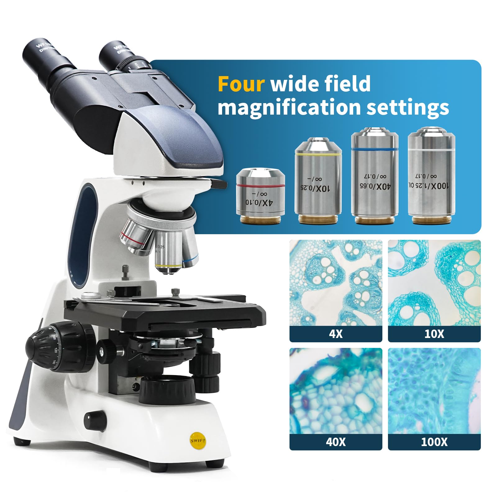 SWIFT SW400 Binokulares Compound-Mikroskop, 40X-2500X, Unendliches optisches System, Labor-Mikroskop mit WF 10X/25X Okularen, LED, Ultra-präzise Fokussierung, wiederaufladbar, kamerakompatibel