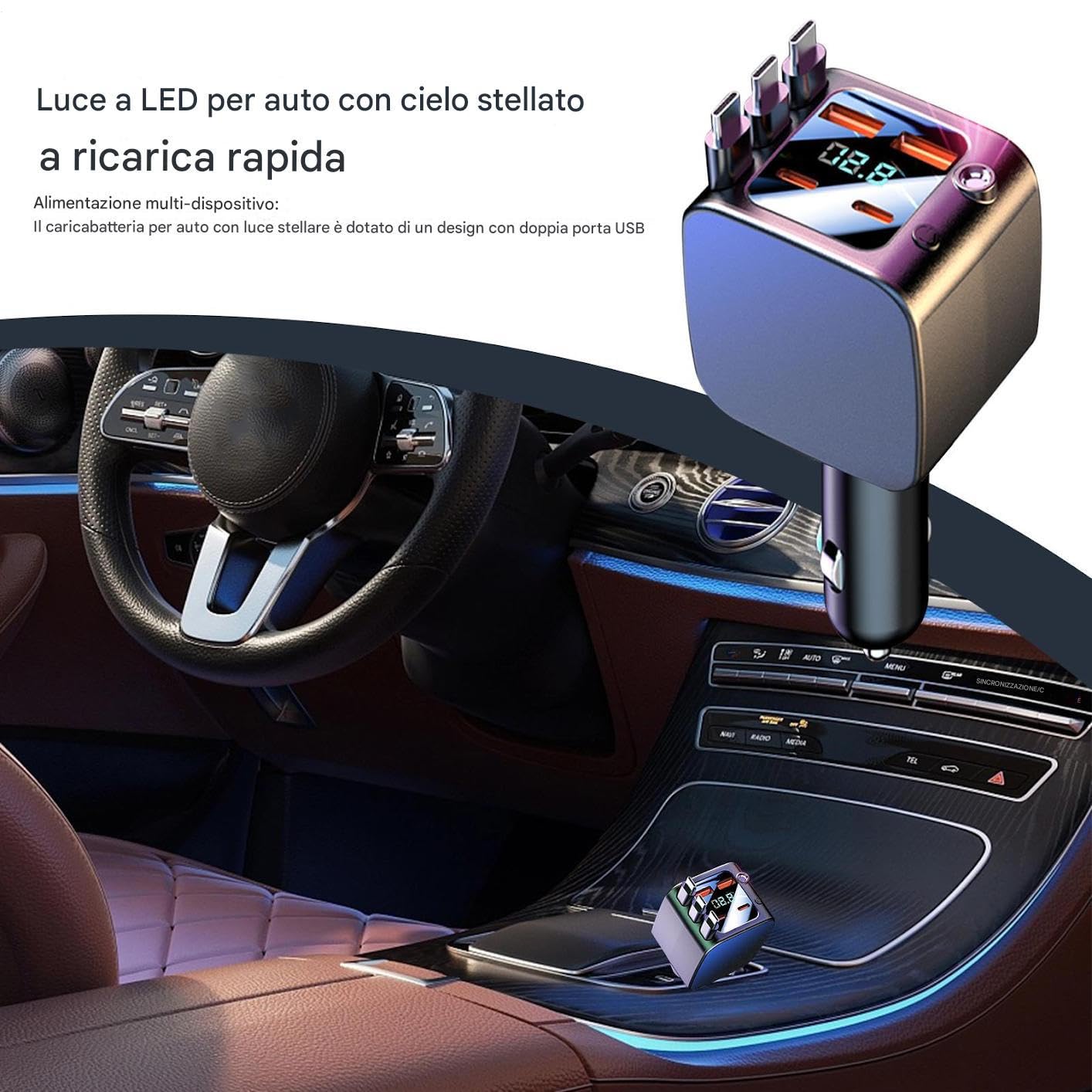 Cargador De Coche Con Cable Retráctil 2 Puertos USB Carga Rápida Accesorios