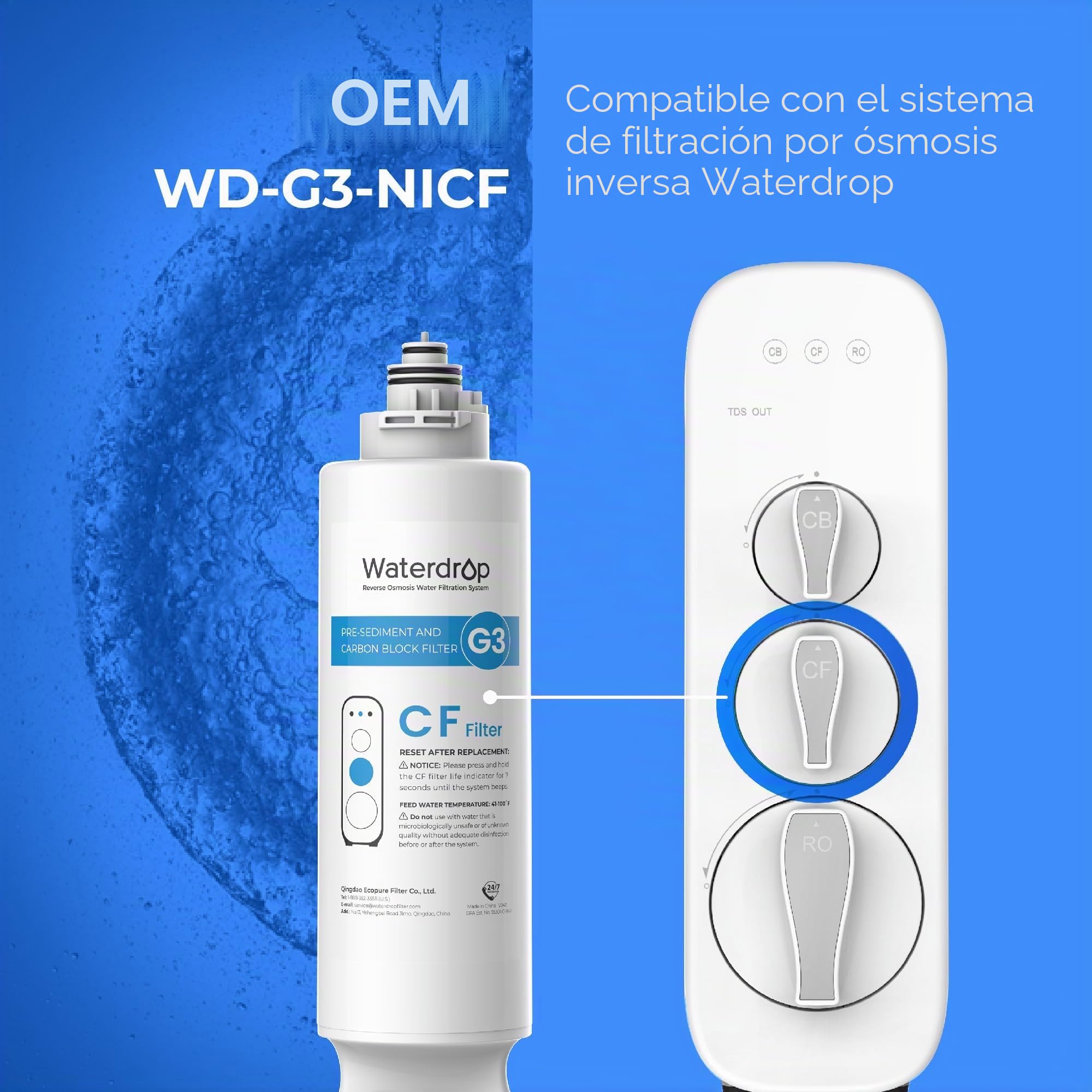 Waterdrop Filtro WD-G3-N1CF, 6 Meses de Vida Util, Recambio Para el Sistema de Osmosis Inversa WD-G3-W, Pack de 2 Unidades