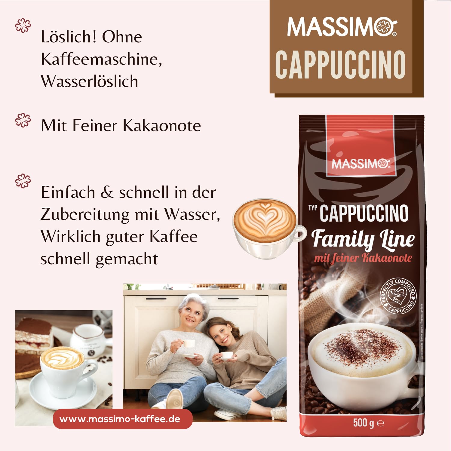 Massimo Cappuccino Family Line z delikatną nutą kakaową 10 x 500 g opakowanie ekonomiczne - pyszne cappuccino instant z nutą palonego kakao