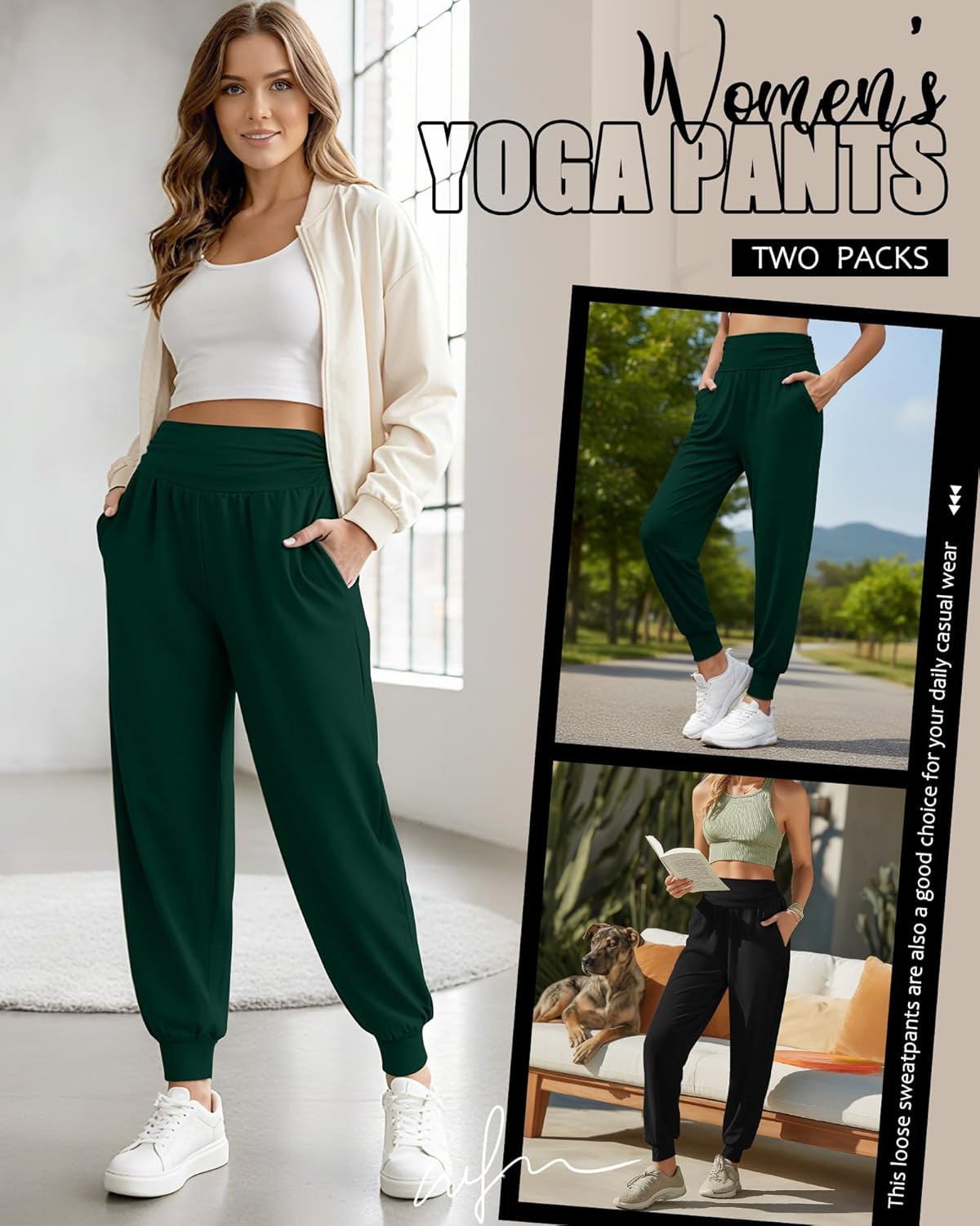 2 Pack Women's Yoga Joggers, Cozy Sweatpants with Pockets Casual Loose Comfy High Waisted Lounge Pants - Image 6