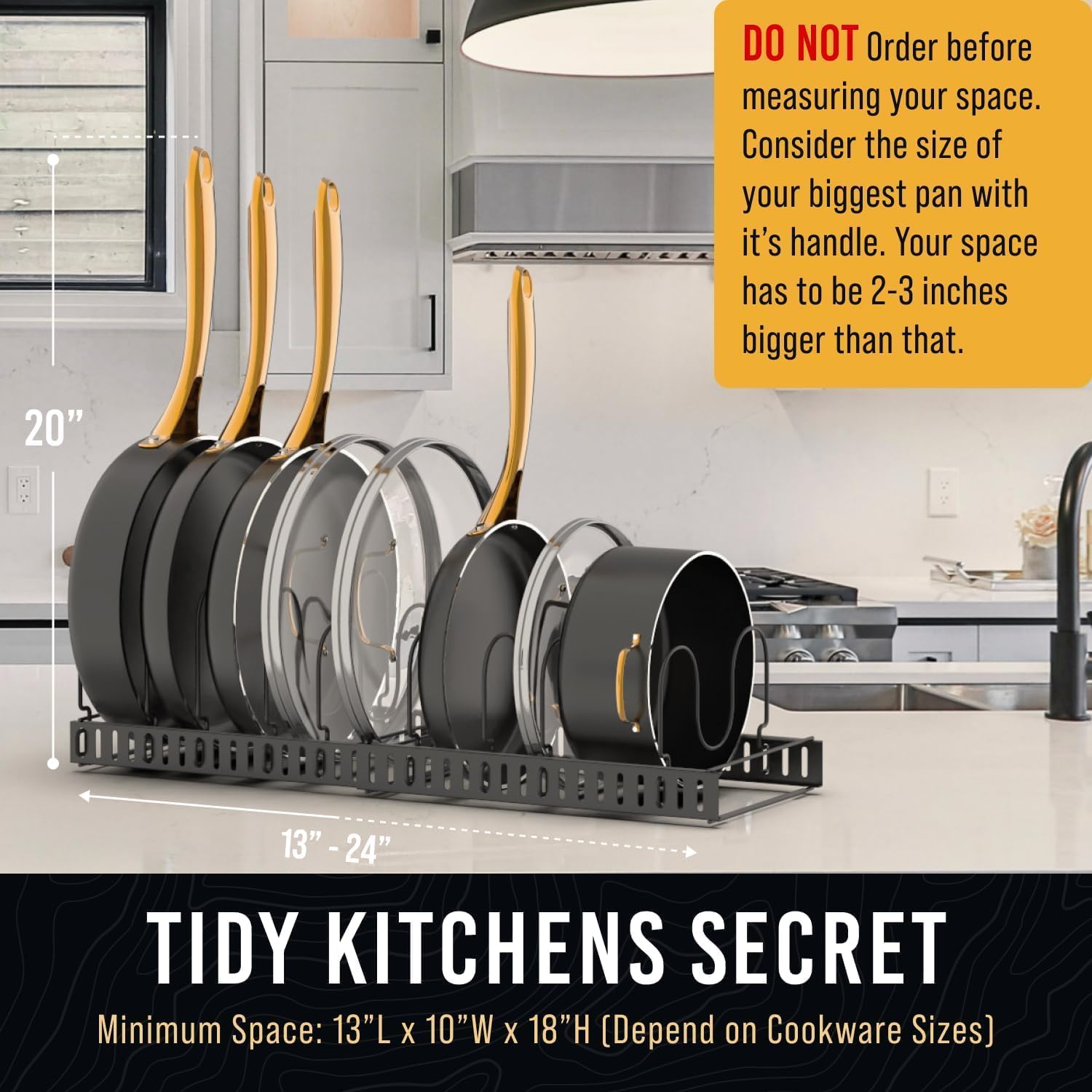 Norcalway Adjustable Bakeware Pots and Pans Organizer Under Cabinet,14 Dividers Cookie Sheet Baking Pan Pot Lid Organizers - Image 7