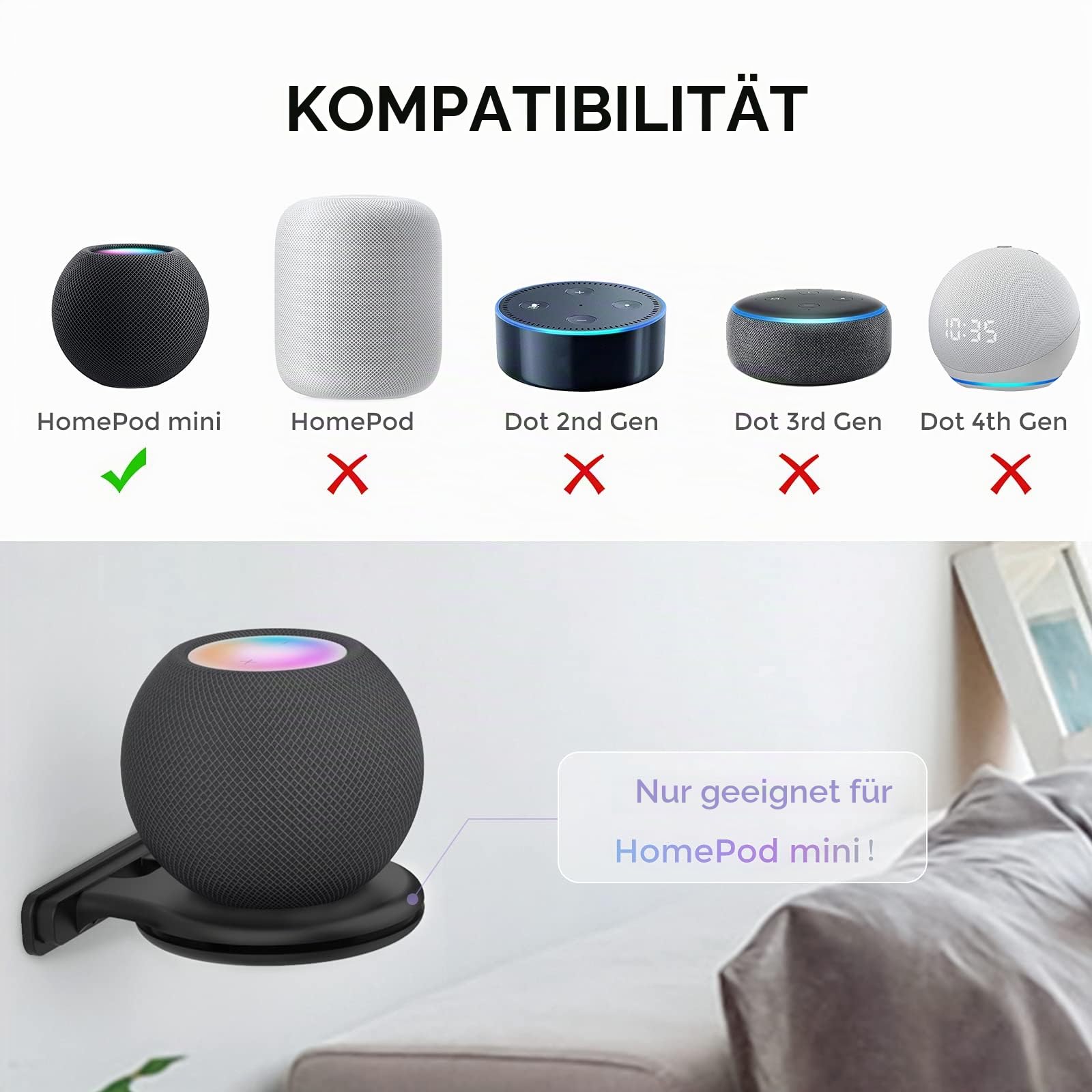 AHASTYLE HomePod Mini Wandhalterung ABS Ständerhalter mit Kabel Verwaltung- Accessories für Apple HomePod mini mit Schrauben Platzsparende für Küche, Bad und Schlafzimmer (Schwarz_2 Stück)