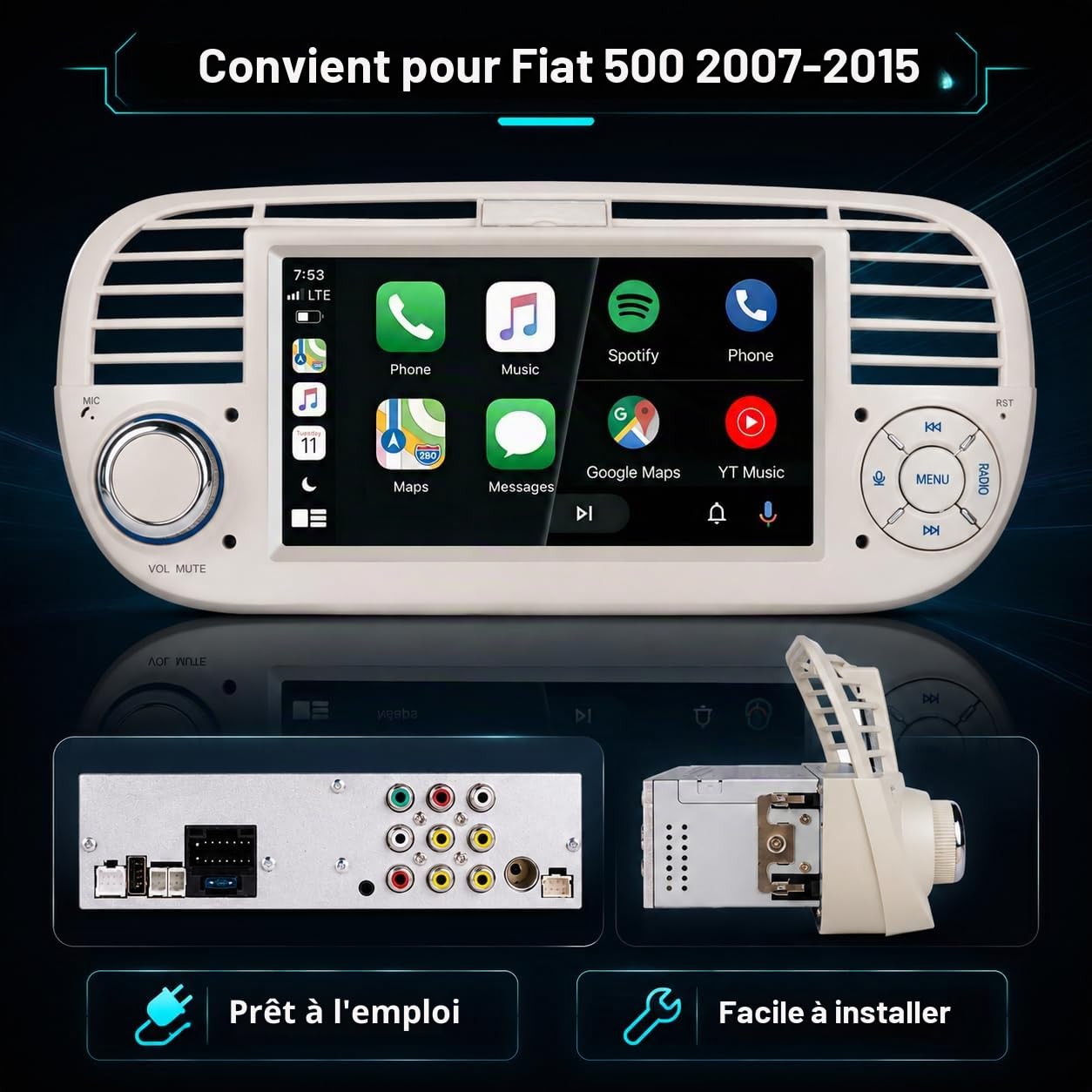 Autoradio Écran CarPlay sans Fil pour Fiat 500 2007-2015 1 DIN Bluetooth
