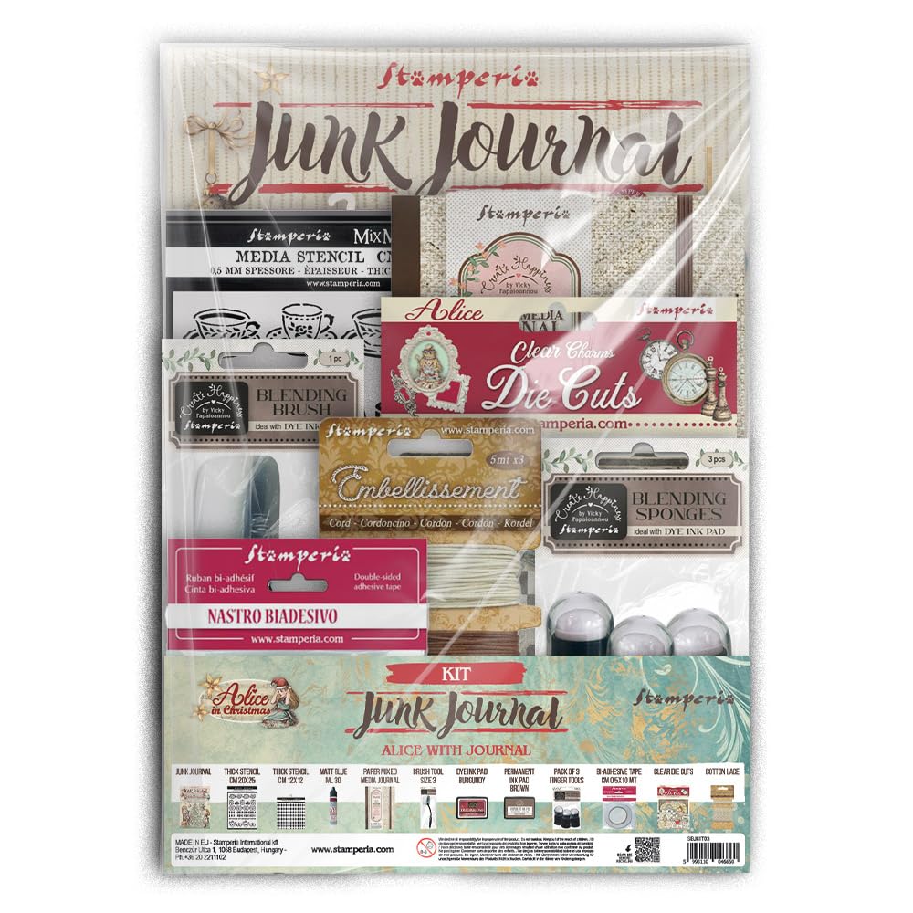 Stamperia - Junk Journal Kit for Scrapbooking, Albums, Card Making and Bullet Journalling, Assortment of Tools and Materials, Perfect for Hobbies, Crafts, and Gifting (Alice in Christmas)