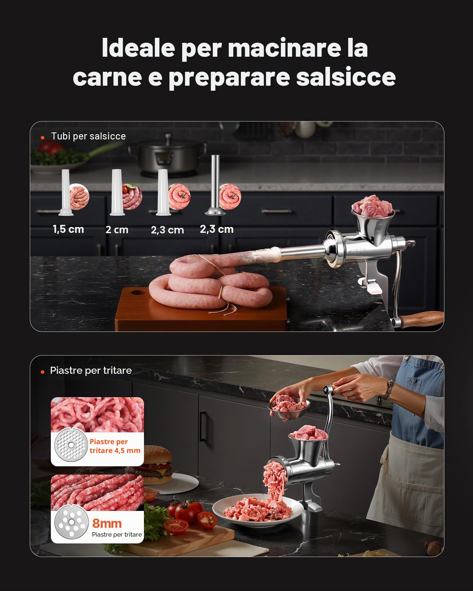VEVOR Tritacarne Manuale, Tritacarne in Acciaio Inox 304 con Manovella e Morsetto da Tavolo in Acciaio, Insaccatrice con 2 Piastre di Taglio e 4 Tubi per Salsicce, per Carne di Manzo, Chili e Maiale