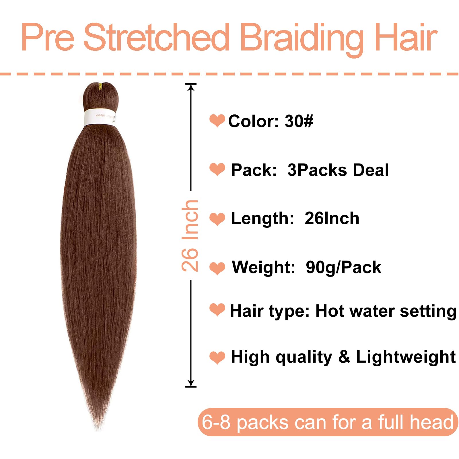 Mscat 26 Inch 3 Packs Pre Stretched Braiding Hair Brown Pre Stretched Braiding Professional Synthetic Prestretched Crochet Braids Hair Extension Hot Water Setting Yaki Texture (30#) - Image 2