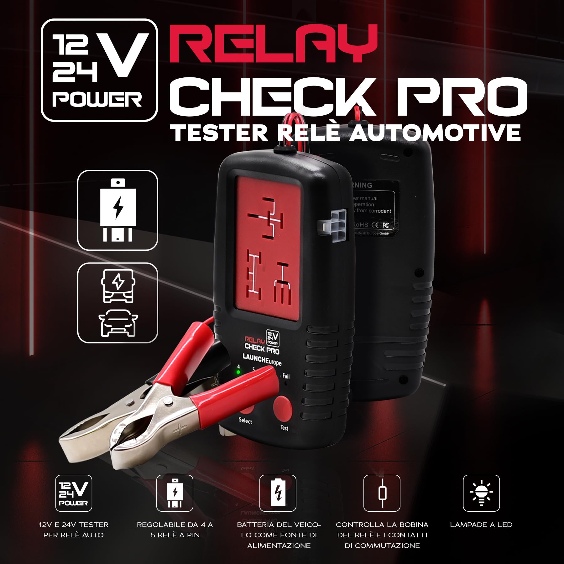 LAUNCH Tester Relè Auto 12V/24V, Analizzatore Relè Portatile Professionale | Strumento diagnostico elettronico con clip per test relè e batteria, compatibile con auto e moto