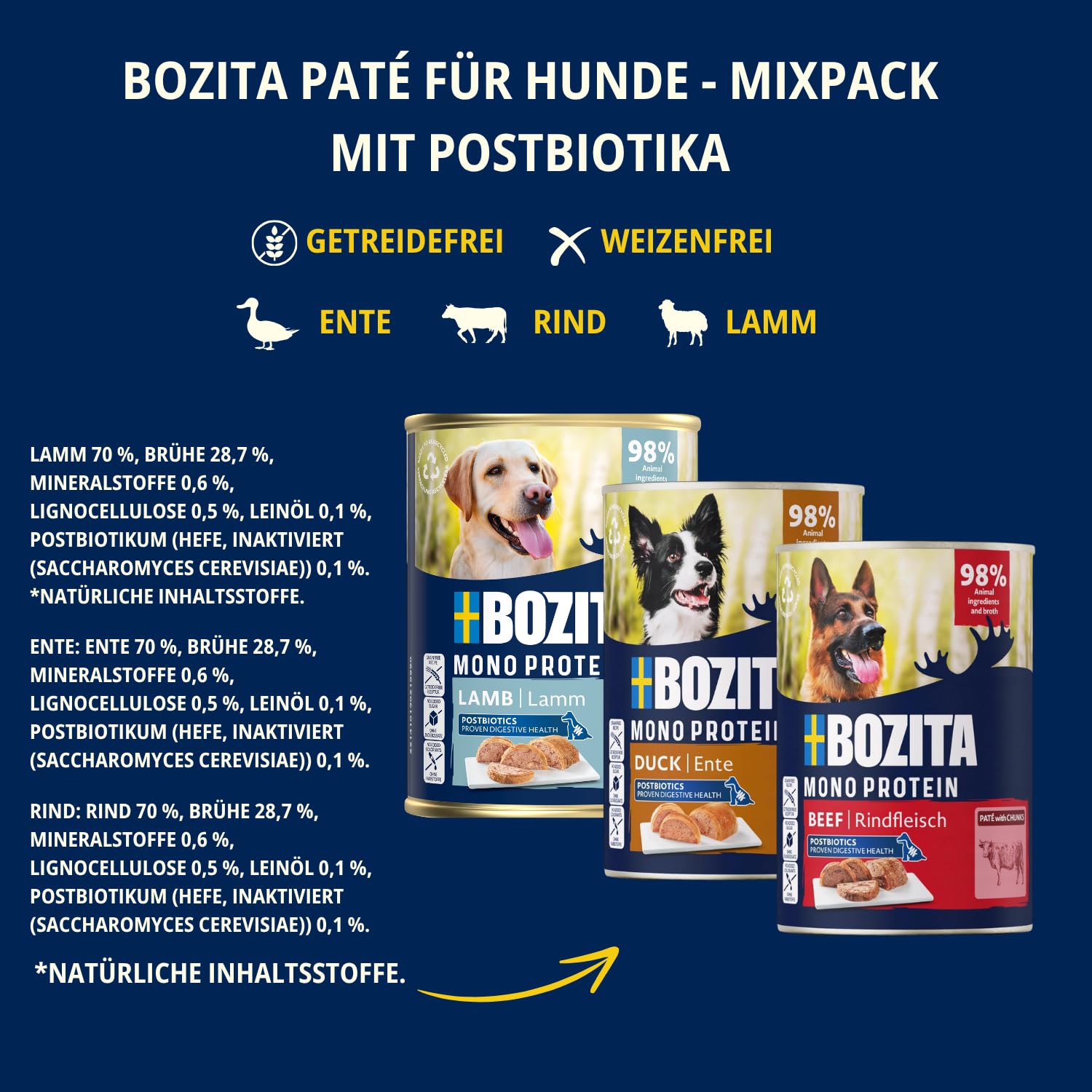 BOZITA Mélange de paté pour Chien - Boeuf, Canard, Dinde et Sanglier avec postbiotiques - 12 x 400 g - Nourriture pour Chien Duo et Simple - Nourriture Humide complète sans céréales - Multipack